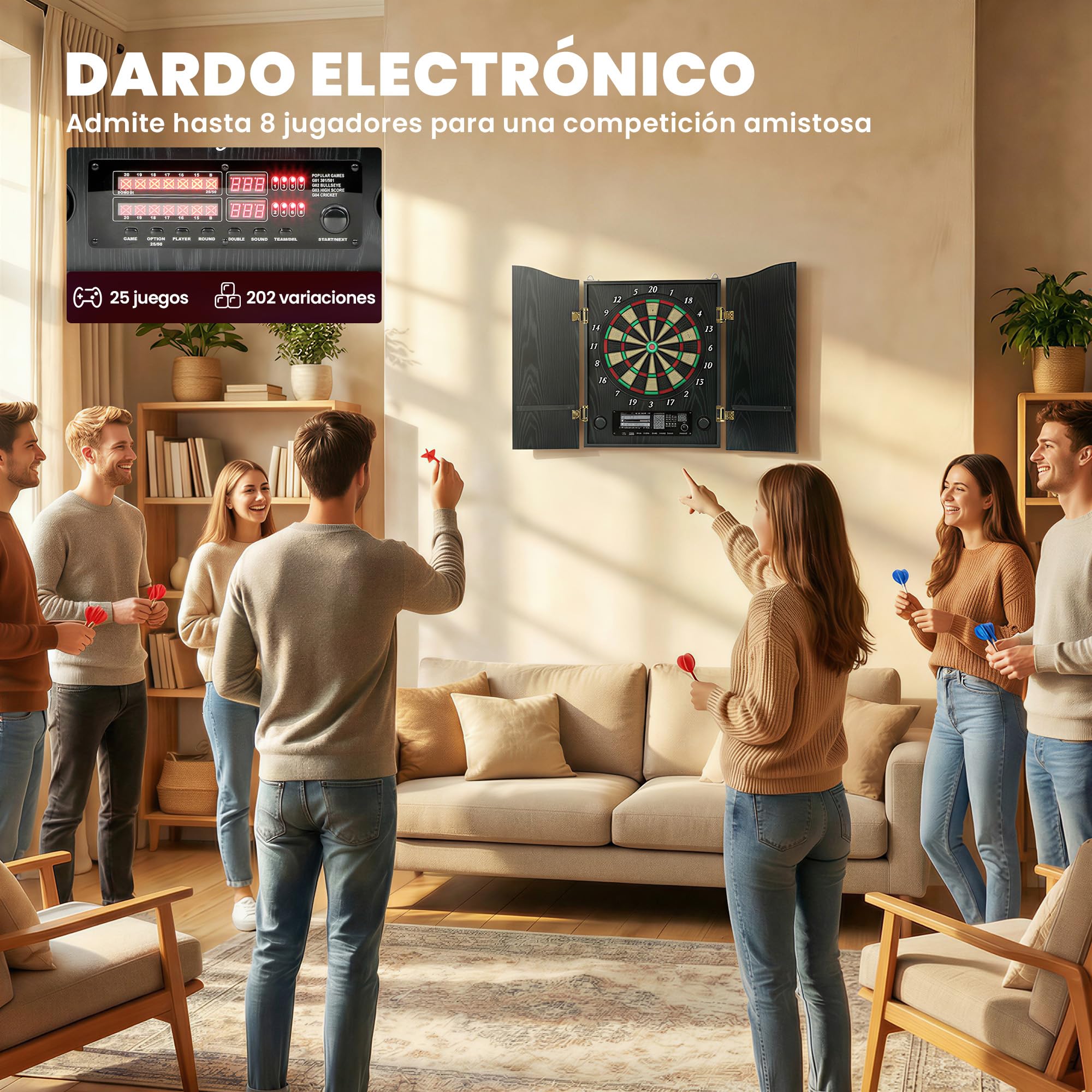 SPORTNOW Diana Electrónica con 6 Dardos de Punta Blanda y 24 Puntas de Repuesto 2 Pantallas LED Avisos de Voz hasta 8 Jugadores Diana de Dardos de Pared con 25 Juegos 202 Variaciones Puertas de Madera