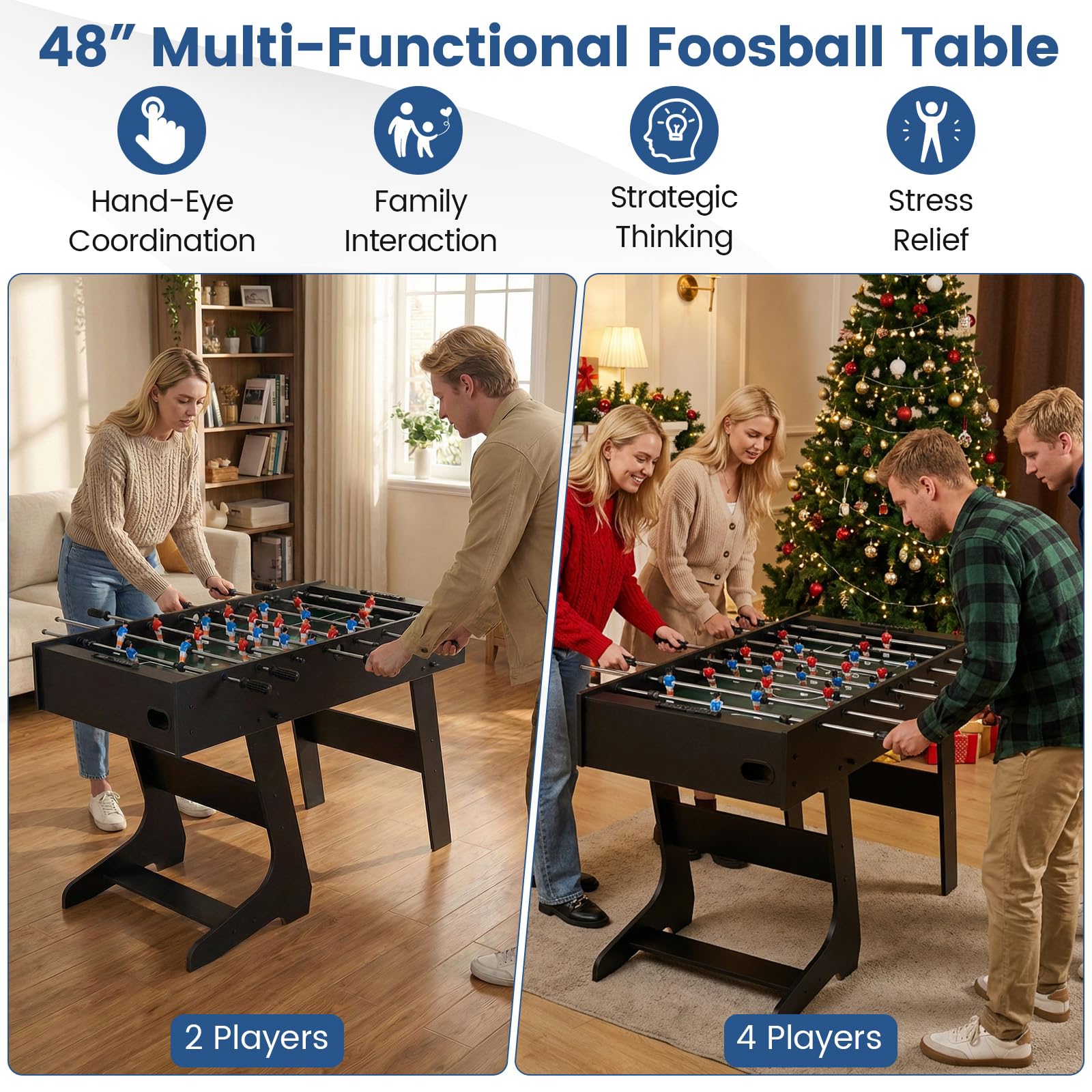 FANTASK Futbolín Plegable, futbolín de Madera con 2 Bolas, 2 contadores de Puntos y 22 Figuras de Juego, Mesa de futbolín para 2-4 Jugadores, Ahorra Espacio, Mesa de Juego para niños y Adultos