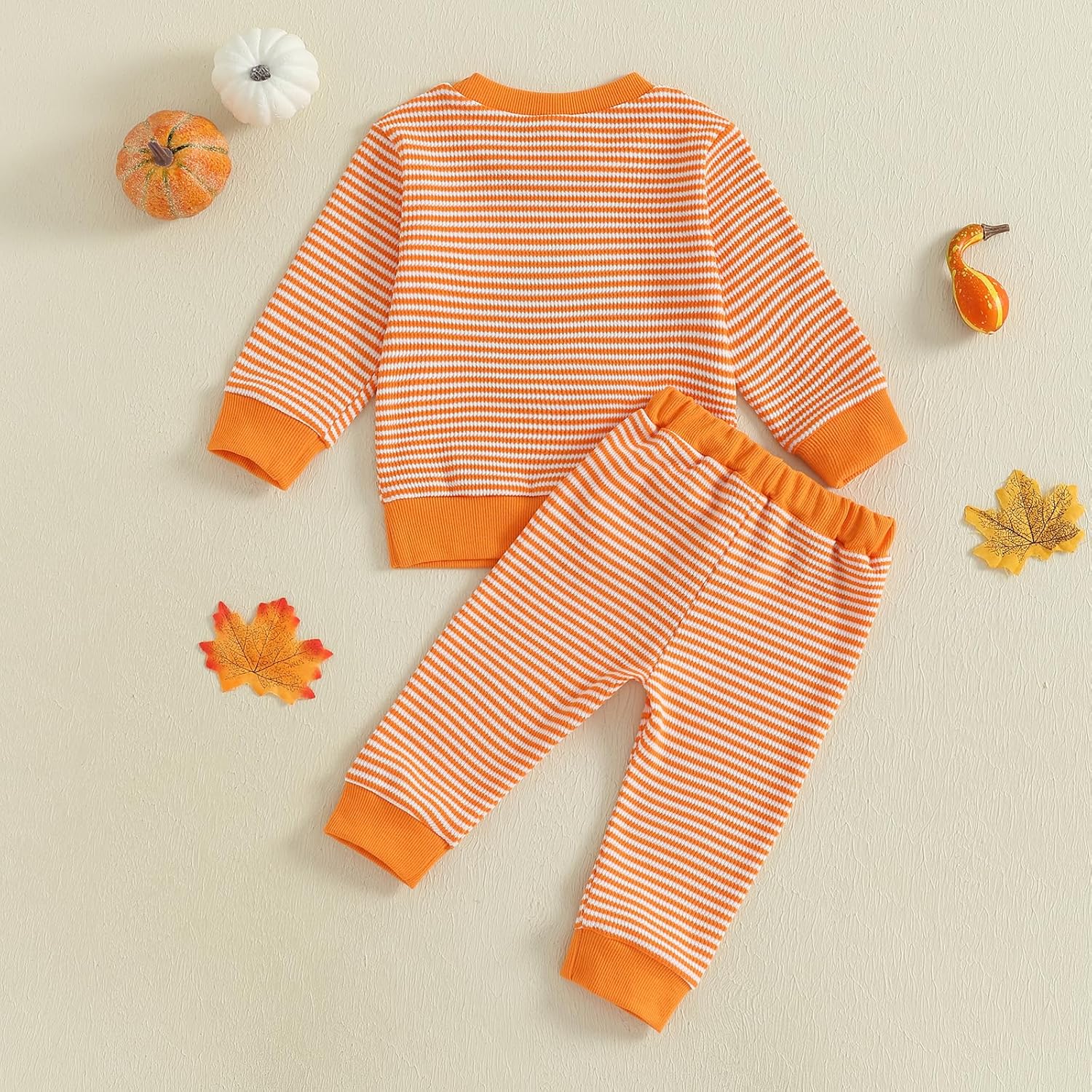 Toddler Baby Girl Halloween Outfit Pumpkin Ghost Stripe Waffle Knit Sweatshirt & Pants Set Fall Clothes - Image 7