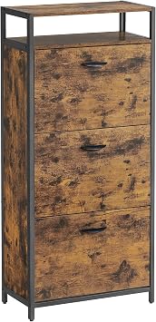 VASAGLE Shoe cabinet, high shoe storage cabinet with 3 folding doors, open shelf, inner divider, in the hallway for 12-18 pairs of shoes, space saving, 60 x 30 x 130 cm, rustic brown and black