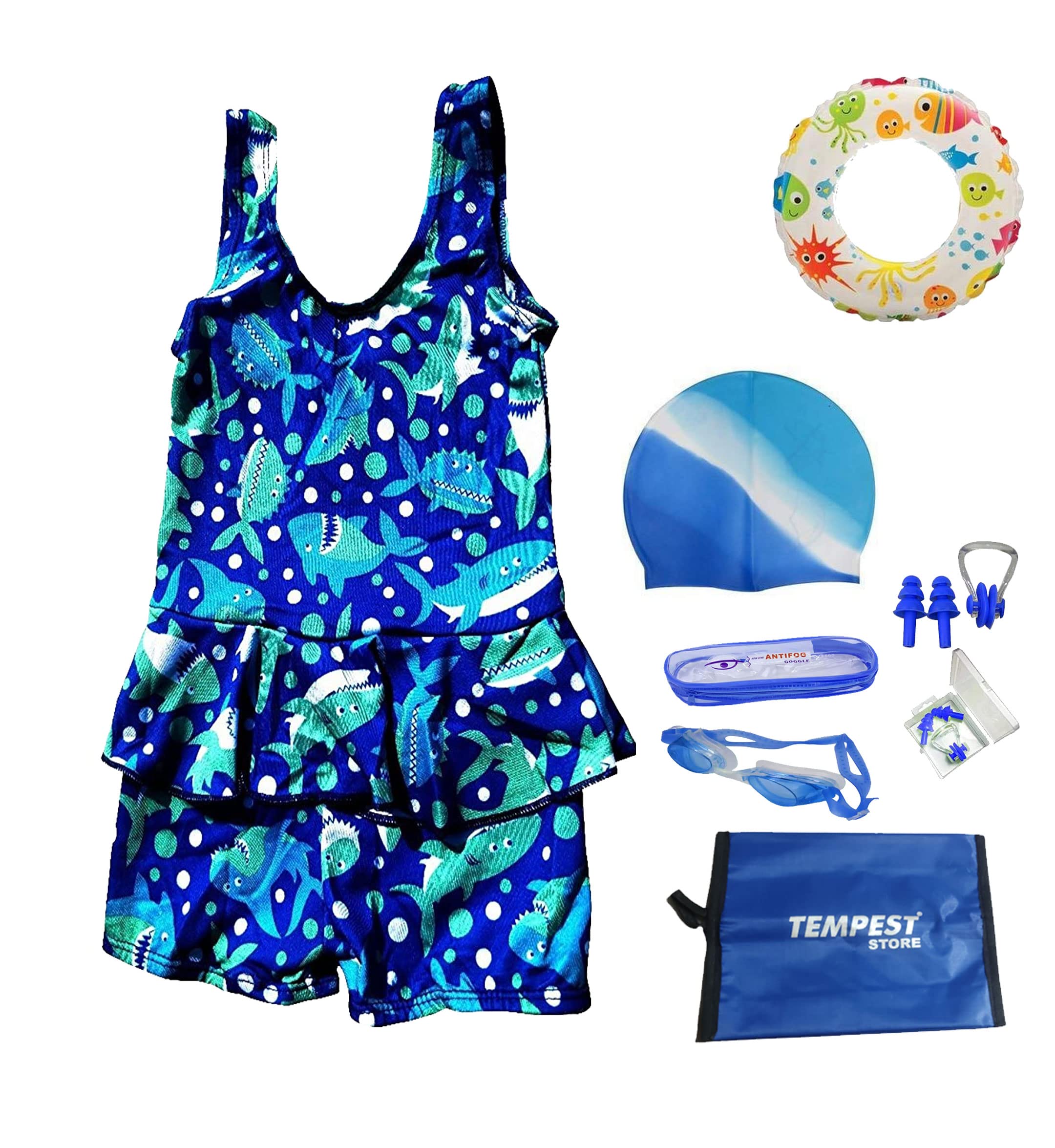 TEMPEST Swimming Kit for Girls with 1 Swimming Costume | Swim Suit | Swimwear | Swimming Dress 1 Goggles 1 Swimming Cap 2 Ear Plug 1 Nose Clip 1 Swimming Tube(Multicolor, 5-6 Years) with Free KIT Bag 3