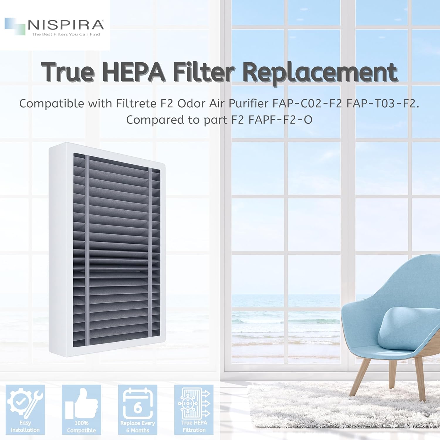 Nispira True HEPA Filter Replacement Compatible with Filtrete F2 Odor Air Purifier FAP-C02-F2 FAP-T03-F2. Compared to part F2 FAPF-F2-O, 6 Packs