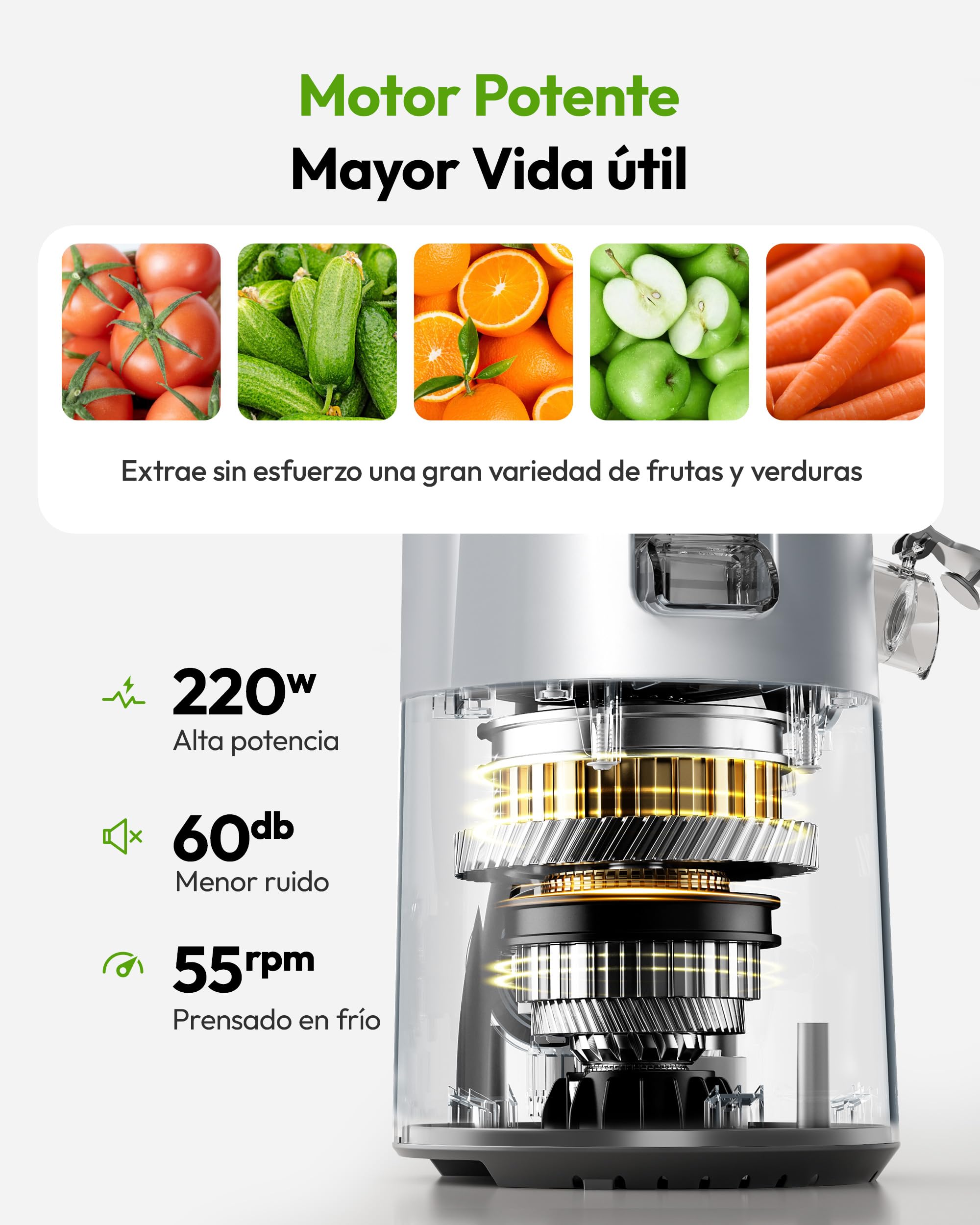 EUHOMY Extractor De Zumos Y Verduras Prensado en Frio 1.8L, Fácil de Limpiar Extractor de Jugos y Verduras, Exprimidor de Frutas con Tolva de 135mm, Licuadora con Hoja de Acero Inoxidable