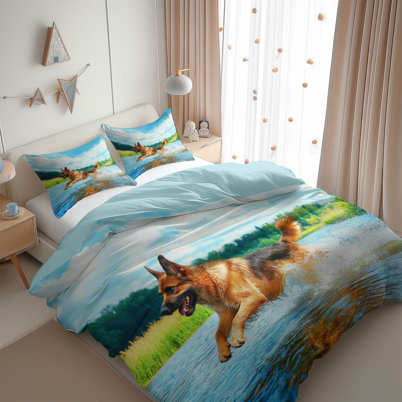 Zestaw poszewek na kołdrę 220 x 240 cm Wzór Zwierząt Owczarek Wodny Rzeka Zestaw pościeli z 2 poszewkami na poduszki 65x65 cm, 100% mikrofibra pościel, zamek błyskawiczny, niebieska mgiełka