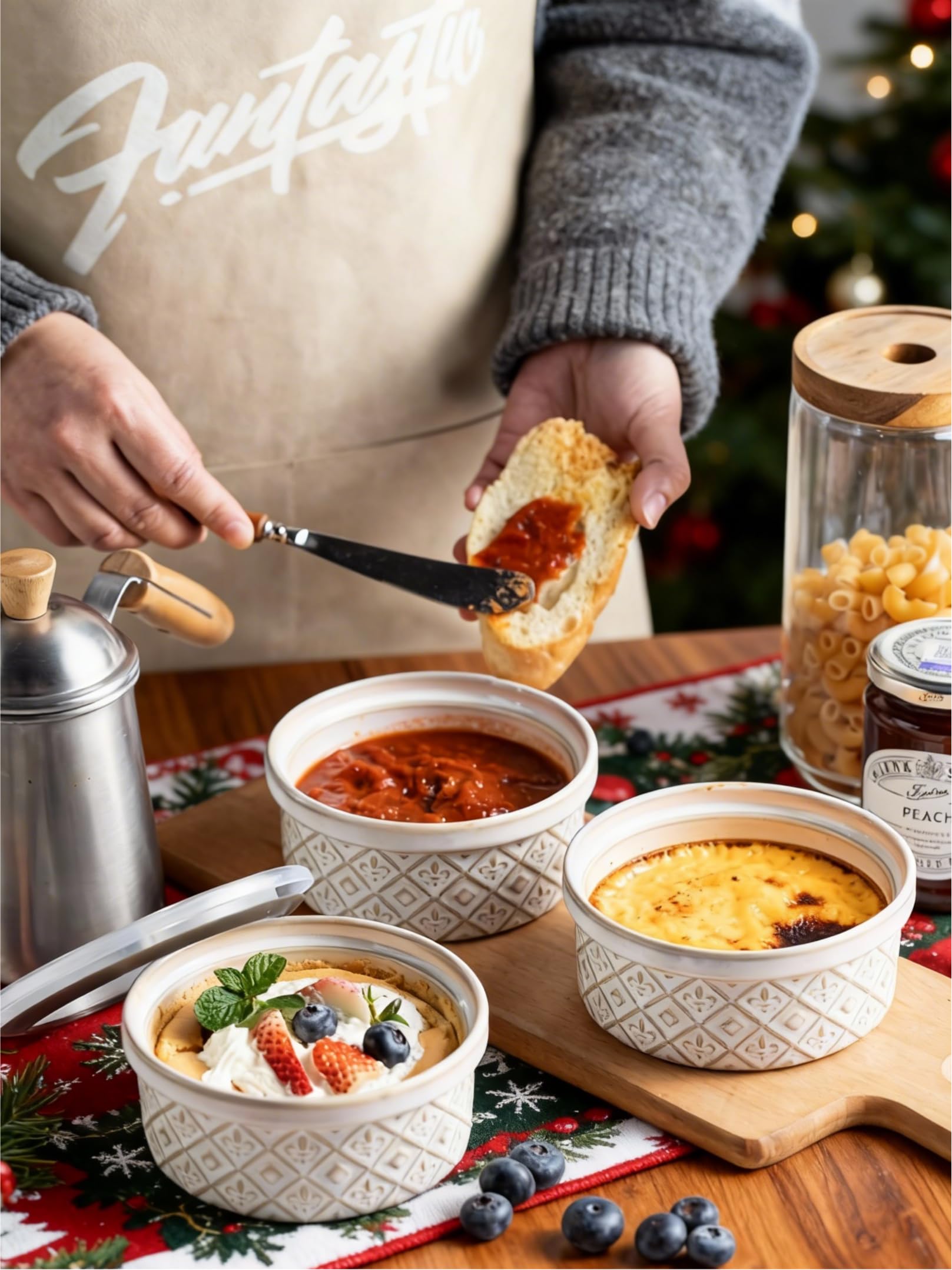 Platos pequeños de cerámica para horno, cuencos de charcutería de 16 onzas, juego de ramequines de crema brulee con tapas, tazas de natillas de pudín, juego de 4, color beige