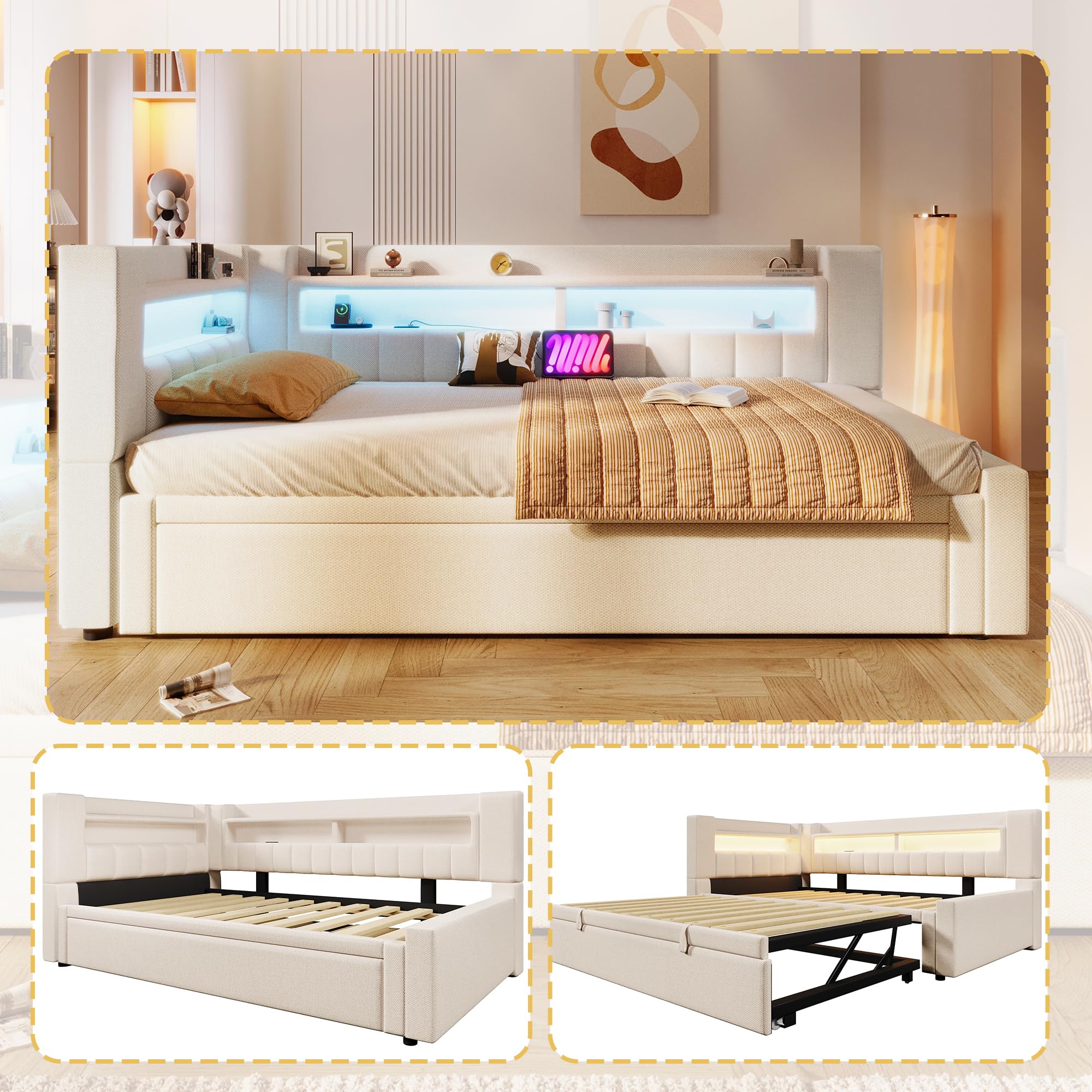 Polsterbett 90/180 x 200 mit LED und USB, Ausziehbares Schlafsofa, Daybett mit Ausziehbett, Sofabett Tagesbett Jugendbett Bettgestell, Leinen, Ohne Matratze, Beige