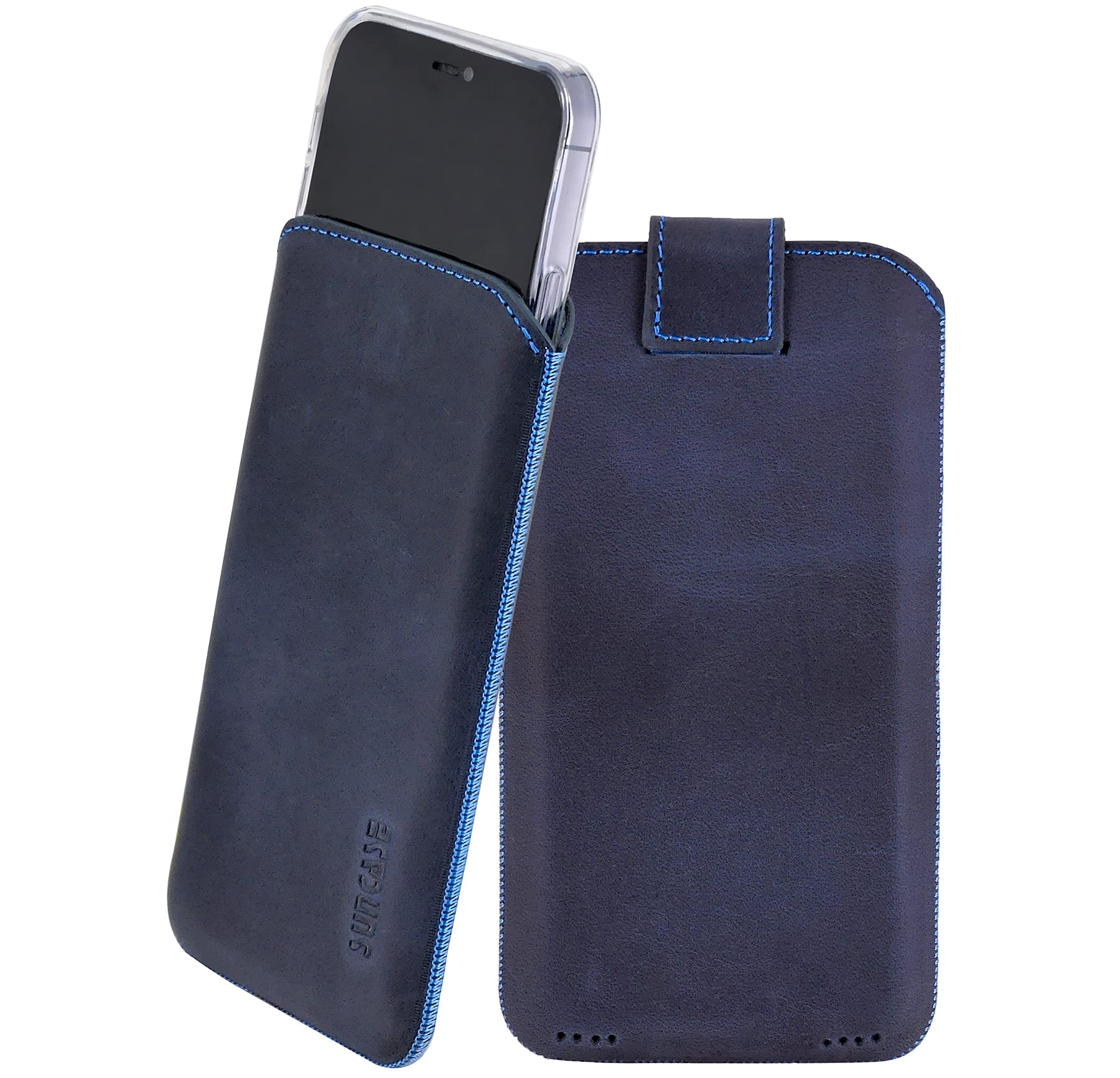 Suncase ECHT Leder Tasche kompatibel mit iPhone 14 Pro (6,1 Zoll) mit ZUSÄTZLICHER Transparent Hülle | Schale | Silikon Bumper Handytasche (mit Rückzugsfunktion und Magnetverschluss) in Pebble Blue