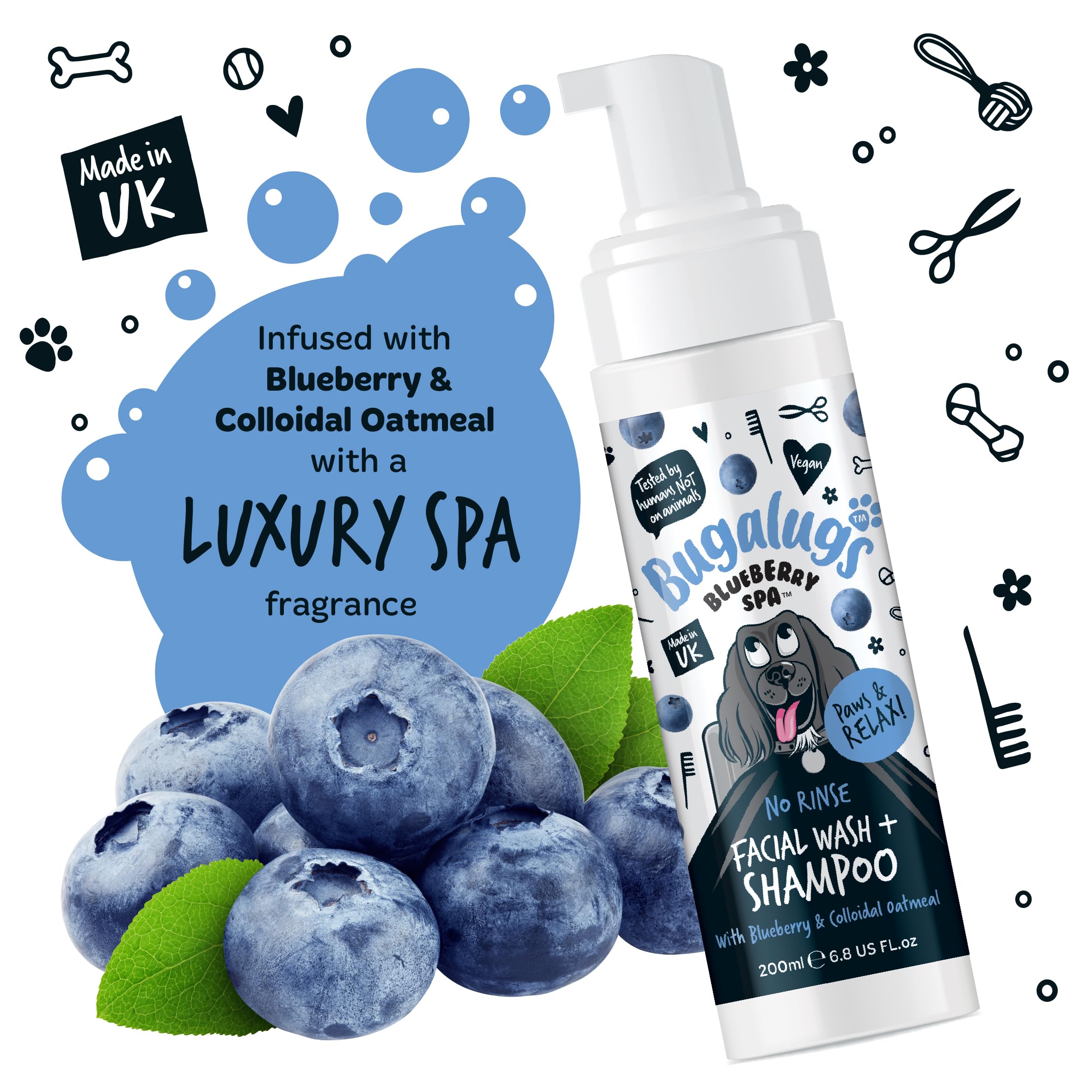 Bugalugs Dog Face Wash Dry Shampoo for Dogs Blueberry Spa Facial no rinse shampoo tear stain remover for dogs eyes Brightens & Refreshes pets faces (No Rinse Facial Wash & Shampoo 200ml) - Image 2