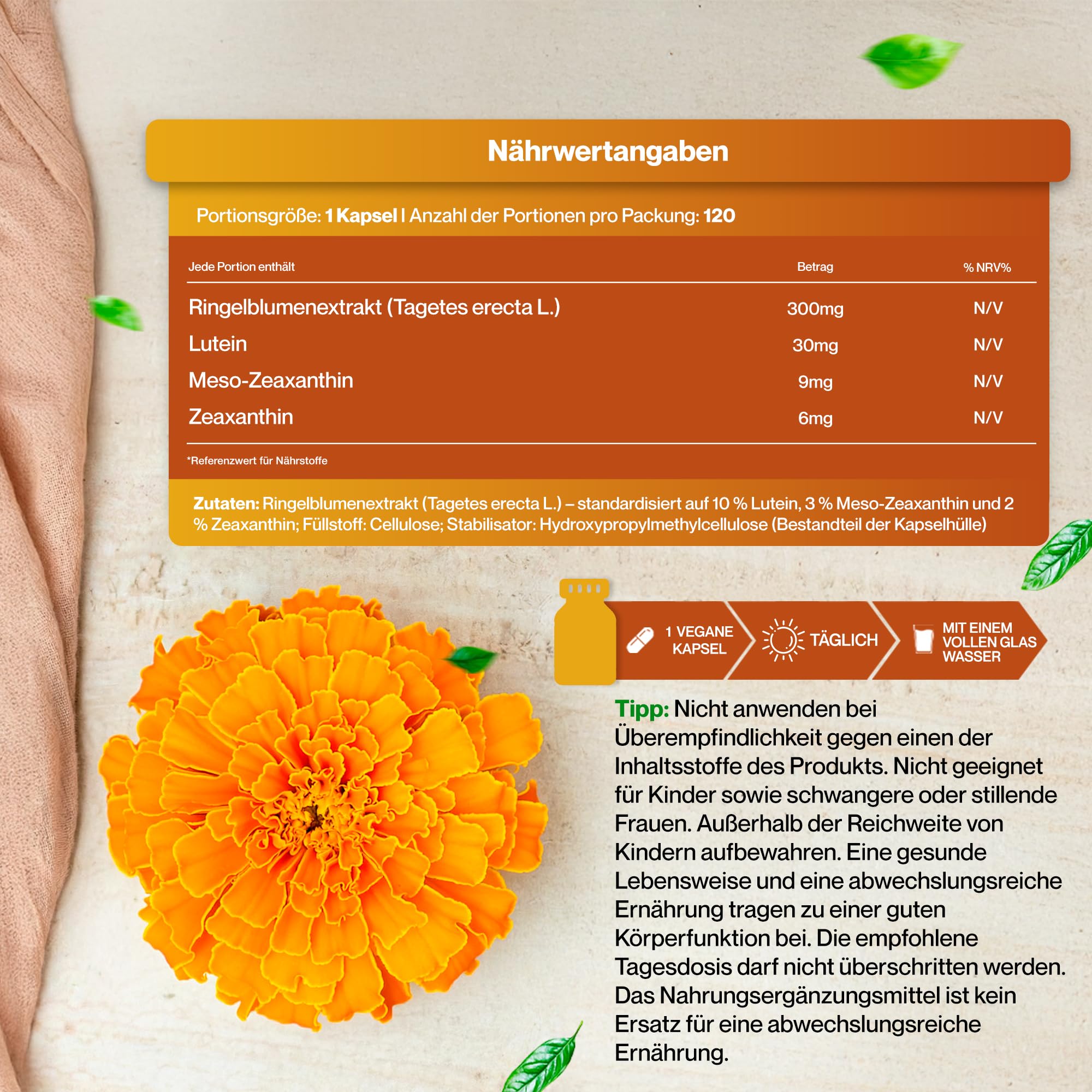 Hepatica Lutein | 30 mg, Zeaxanthin 6 mg & Meso-Zeaxanthin 9 mg | aus Ringelblumen-Extrakt 300 mg | 120 vegane Kapseln | Tagetes erecta | GMP & Laborgeprüft