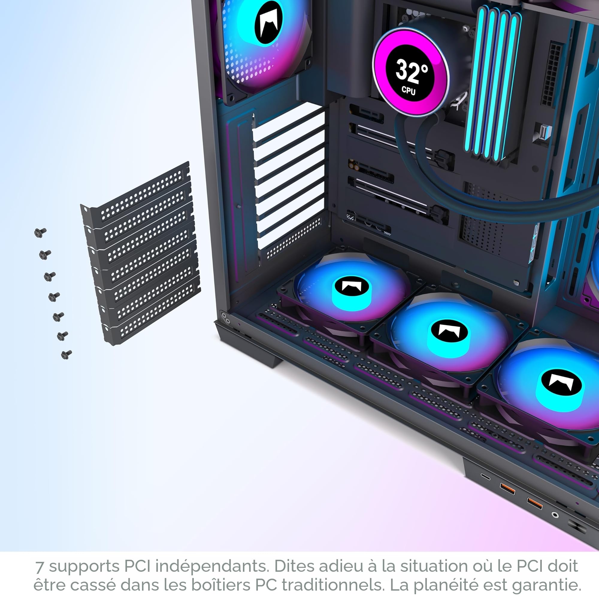 H1 ATX Boitier PC – 7 Ventilateurs PWM ARGB préinstallés, boîtier de PC de Jeu à Double Chambre, avec Type-C, Installation simultanée de 3 radiateurs de 360 mm (Noir, H1)