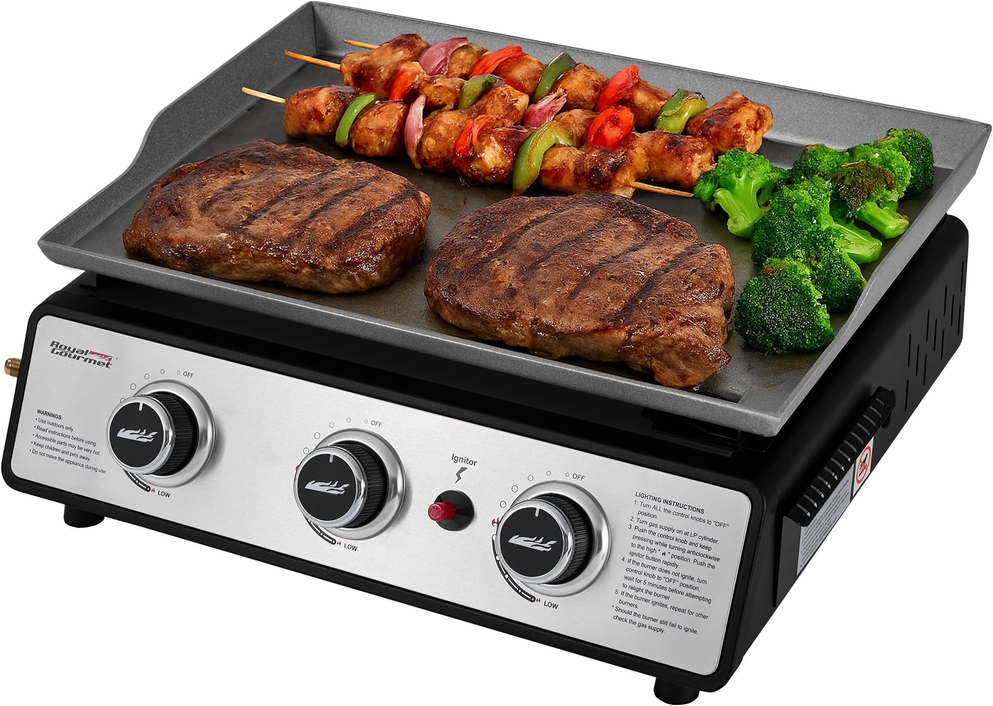 Royal Gourmet PD1301S Portable 24-Inch 3-Burner Table Top Gas Grill Griddle with Cover, 25,500 BTUs, Outdoor Cooking Camping or Tailgating, Black