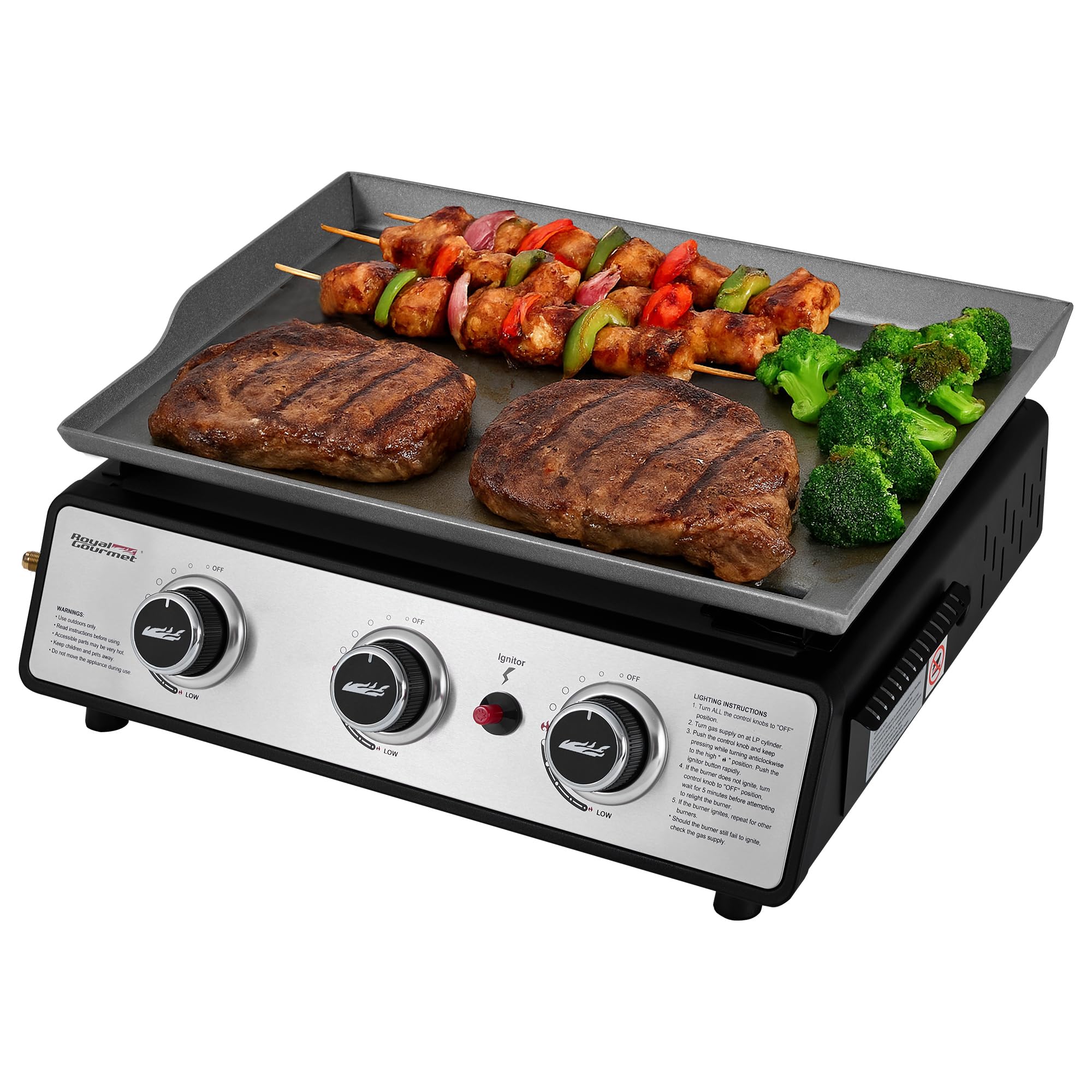 Royal GourmetPD1301S Portable 24-Inch 3-Burner Table Top Gas Grill Griddle with Cover, 25,500 BTUs, Outdoor Cooking Camping or Tailgating, Black