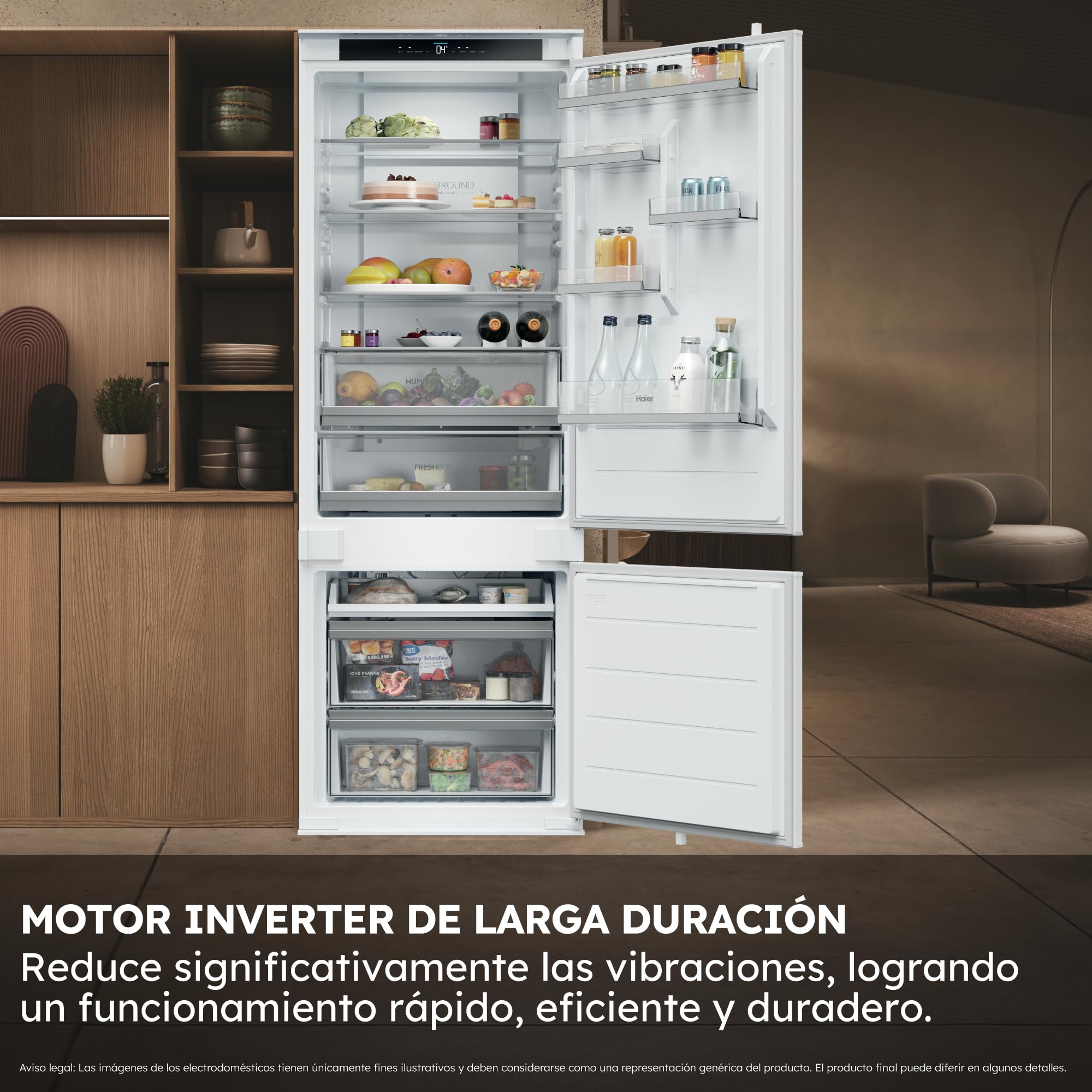 Haier 2D HBQW5719E - Frigorífico Combi Integrable, 382L,WIFI,Motor Inverter, My Zone, Total No Frost,Ancho 69 cm, Alto 193.5 cm,Iluminación LED, Blanco
