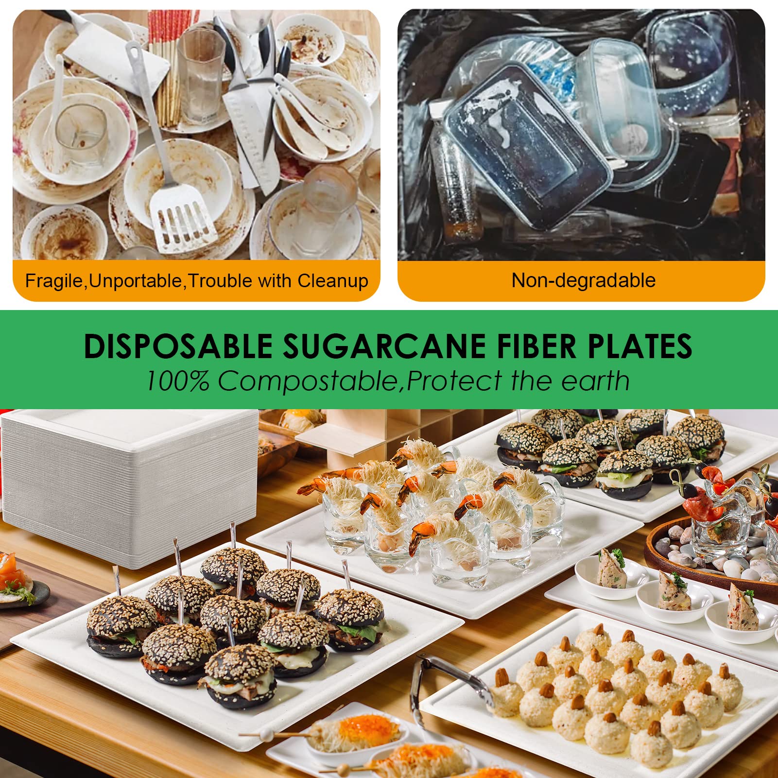 Gezond Paquete de 100 platos de papel cuadrados compostables de 10 pulgadas, platos de papel desechables grandes cuadrados, platos blancos biodegradables para fiestas