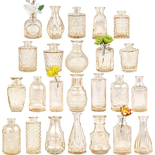 Glass Bud Vase Set of 24, Small Amber Flower Vases for Centerpieces in Bulk, Mini Vintage Vase for Wedding Decor, and Home Table Décor