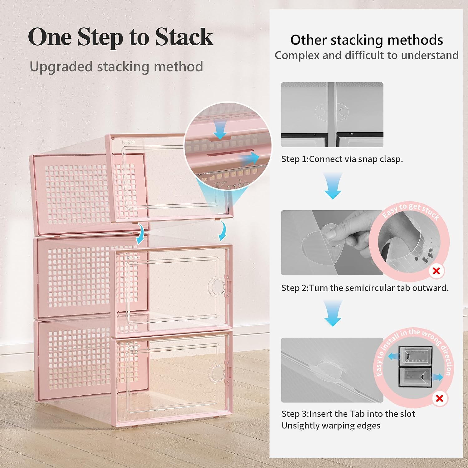 Kuject X-Large Shoe Storage Boxes Organizers Clear Plastic Stackable 12 Pack, Shoe Rack & Holder Substitute, Sneaker Containers, Toy Storage Organizer Bins for Entryway, Closet, Under Bed, Pink thumbnail