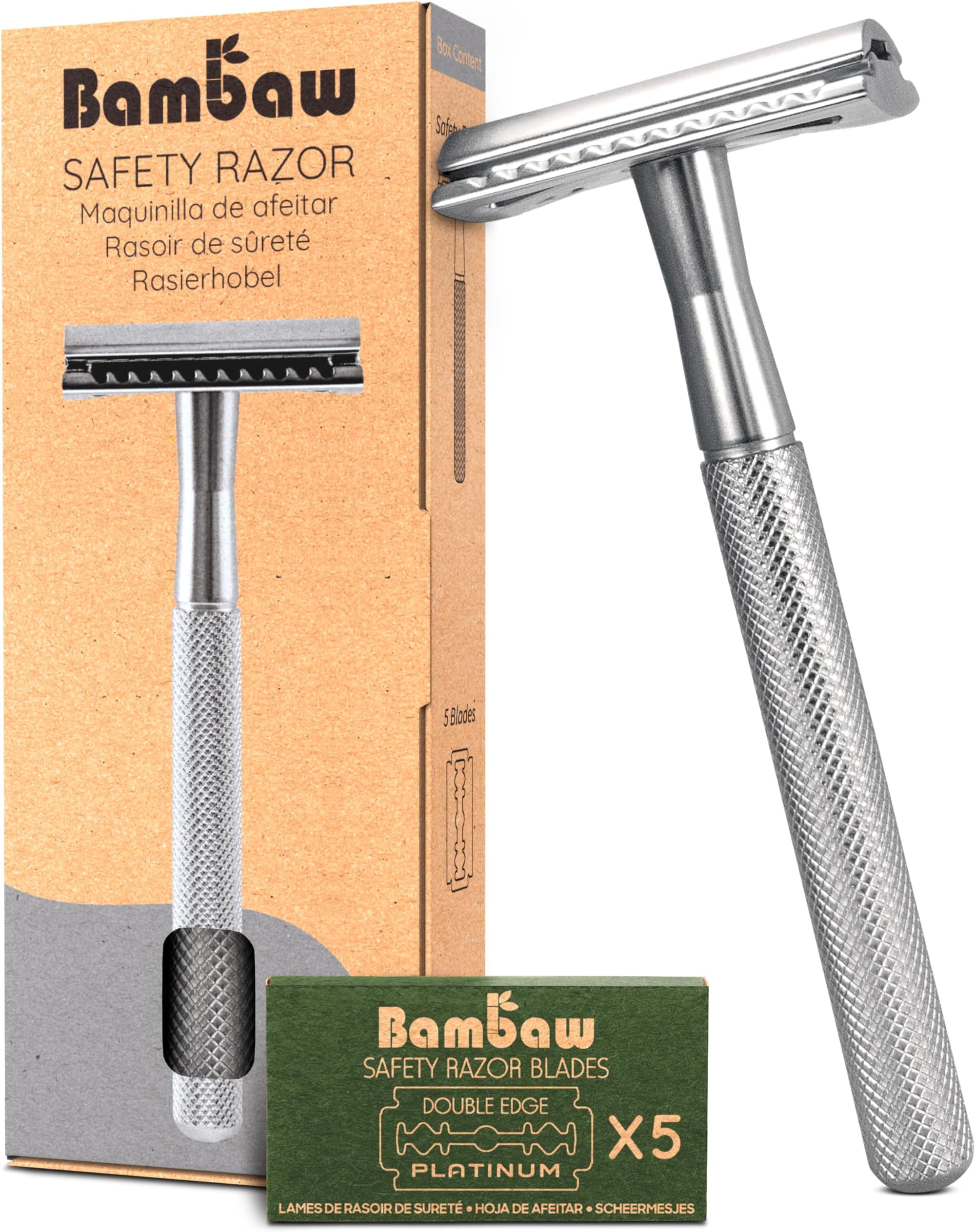 Bambaw Double Edge Safety Razor Silver| Zero Waste Razor for Men and Women | Safety Razor Eco-Friendly | Fits All DE Razor Blades | Eco-Friendly and Reusable | Classic Safety Razor Metal |