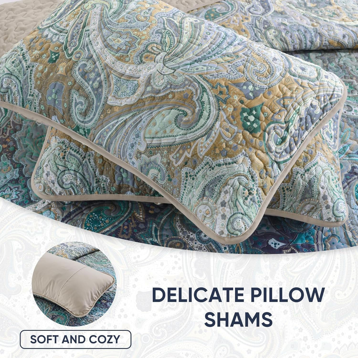 DJY Paisley Quilt Set Queen Size, Boho Bedspread Coverlet Set 3 Pieces, Khaki Blue Ombre Paisley Floral Pattern Quilted Bedding Set, Soft Microfiber Bedspread with for All Season, 96''x90'' - Image 5