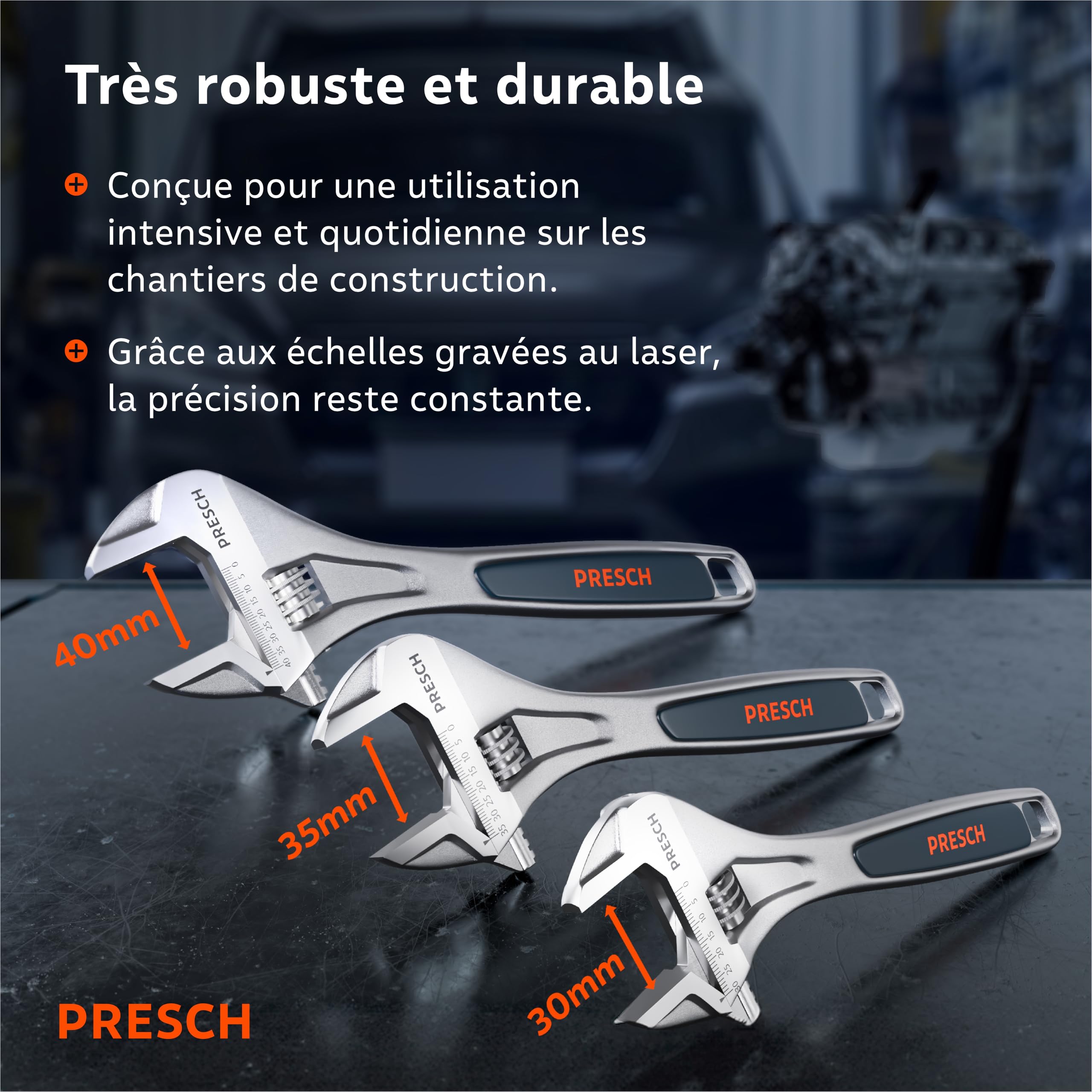 PRESCH Set de clés à molette - 200mm, 250mm & 300mm - Échelles gravées au laser 30mm-40mm (métrique et pouces) - Usinage de précision pour une prise optimale - Clés anglaise robuste