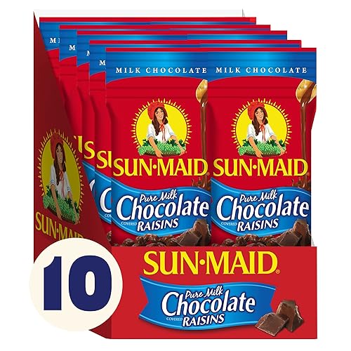Sun-Maid Pure Milk Chocolate - Aperitivos de pasas cubiertos de chocolate bolsas individuales de una sola porción 2 onzas paquete de 10