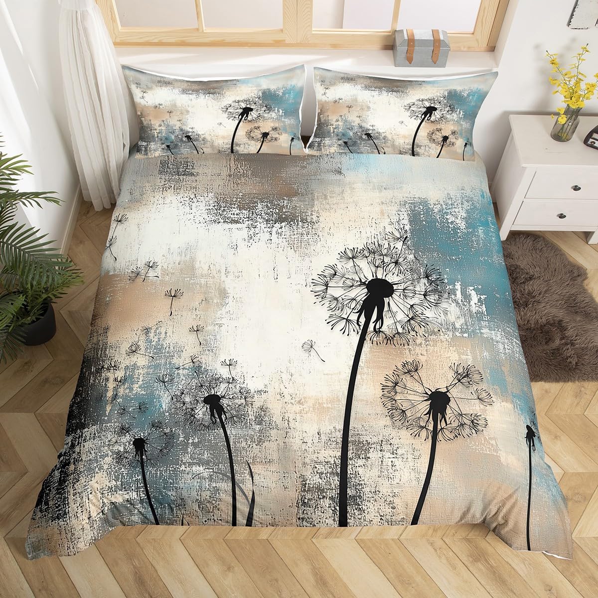 jejeloiu Dandelion Duvet Cover King Size Kids Floral Abstract Comforter Cover for Boys Girls Teens Botanical Flowers Pattern Bedding Set Breathable