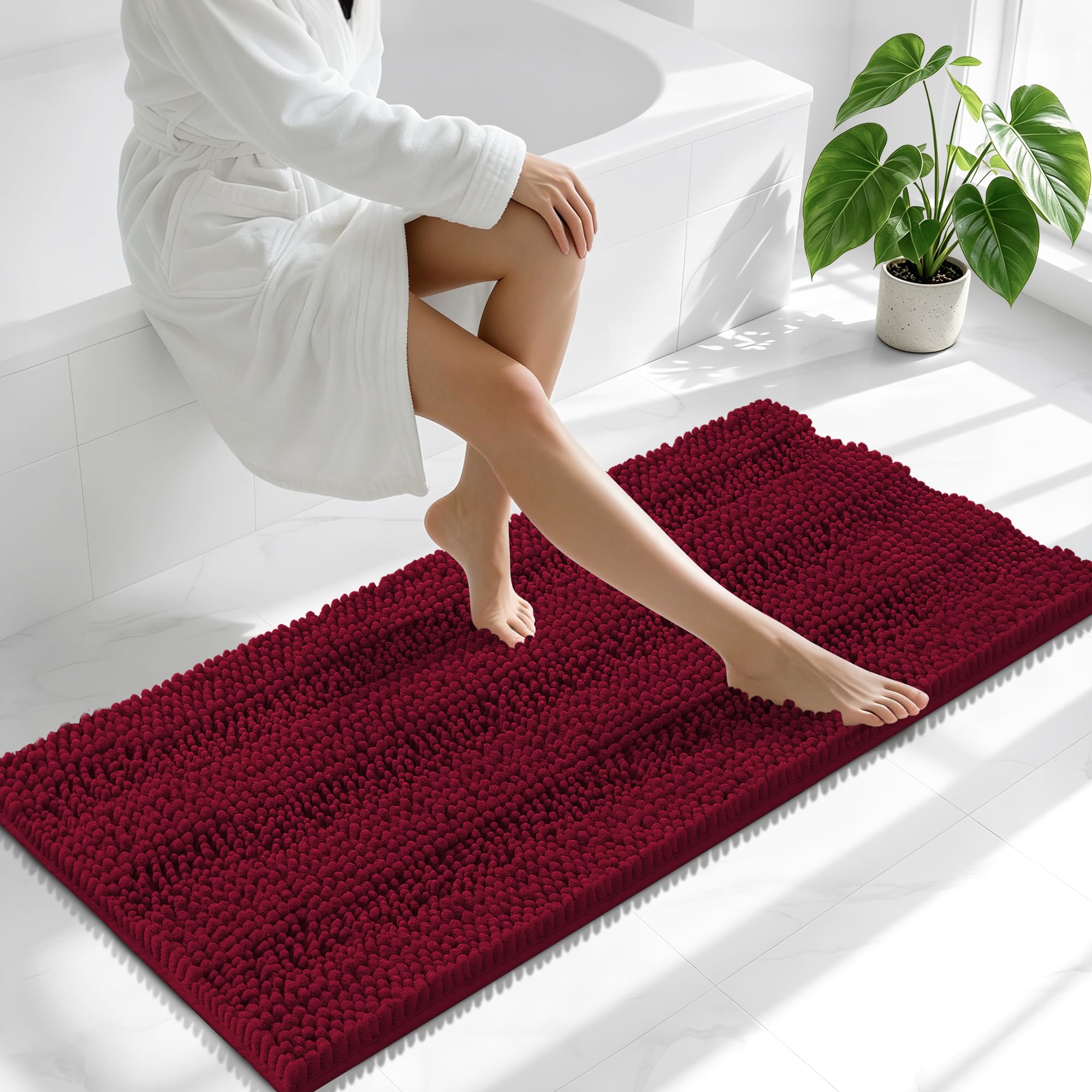 Smiry Thick Chenille Bathroom Runner Rugs 47x20, Soft Bath Mat, Burgundy