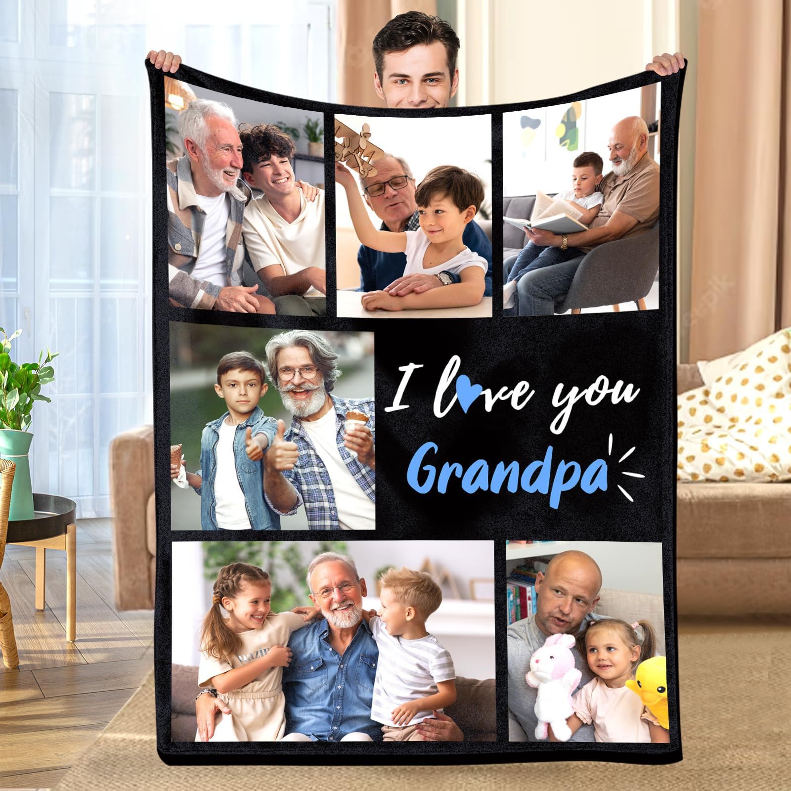 HEOSHIULY Custom Photo Grandpa Blanket - Ultra Soft Personalised Picture Blanket for Grandpa, Family Keepsake Gift - for Cozy Home Decor & Memorial Tribute