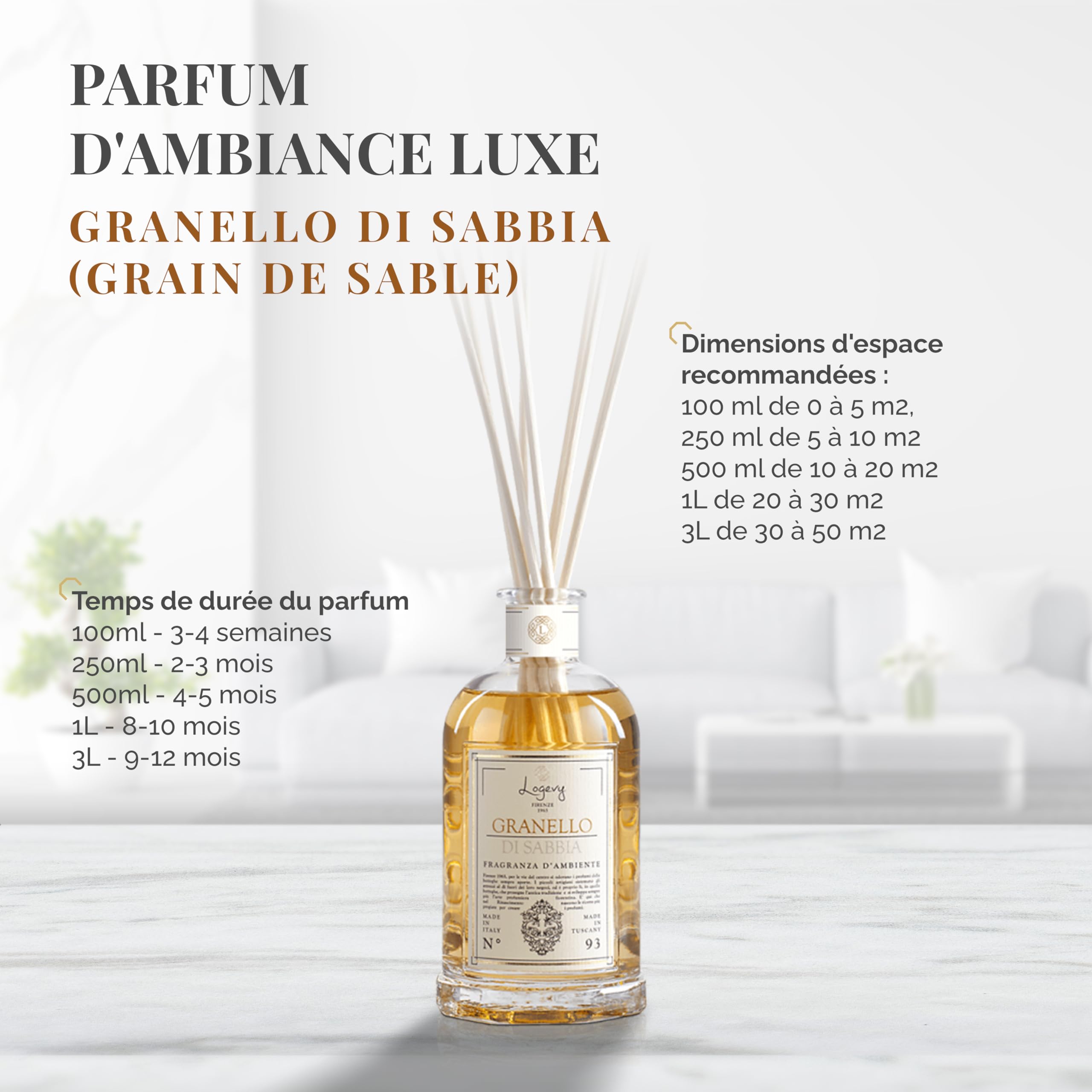 LOGEVY - Diffuseur pour ambiance pour le bien-être de la Personne et de la Maison - Grain de sable (500 ml New 2022)