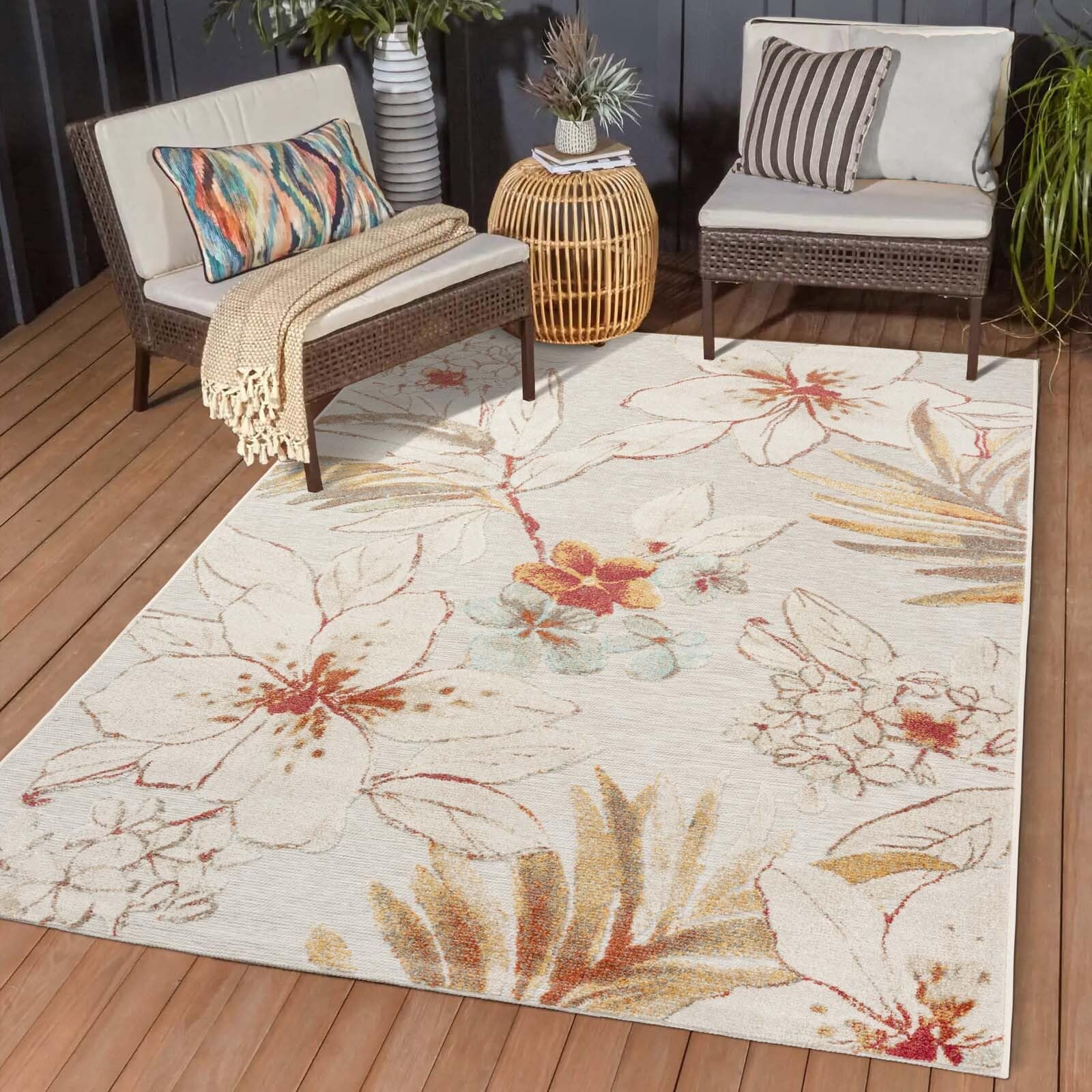 Taracarpet In & Outdoor Teppich Wetterfest Wohnzimmer Balkon Küchenteppich Terrassenteppich Flachgewebe mit Muster Lilien floral Creme grau 240x340 cm
