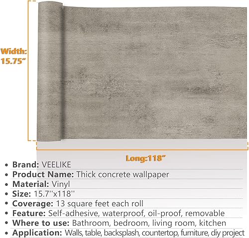 Miniatura 8 de VEELIKE Papel tapiz de hormigón gris pardo envejecido para despegar y pegar de 15.7 x 118 pulgadas, papel de contacto de hormigón texturizado para