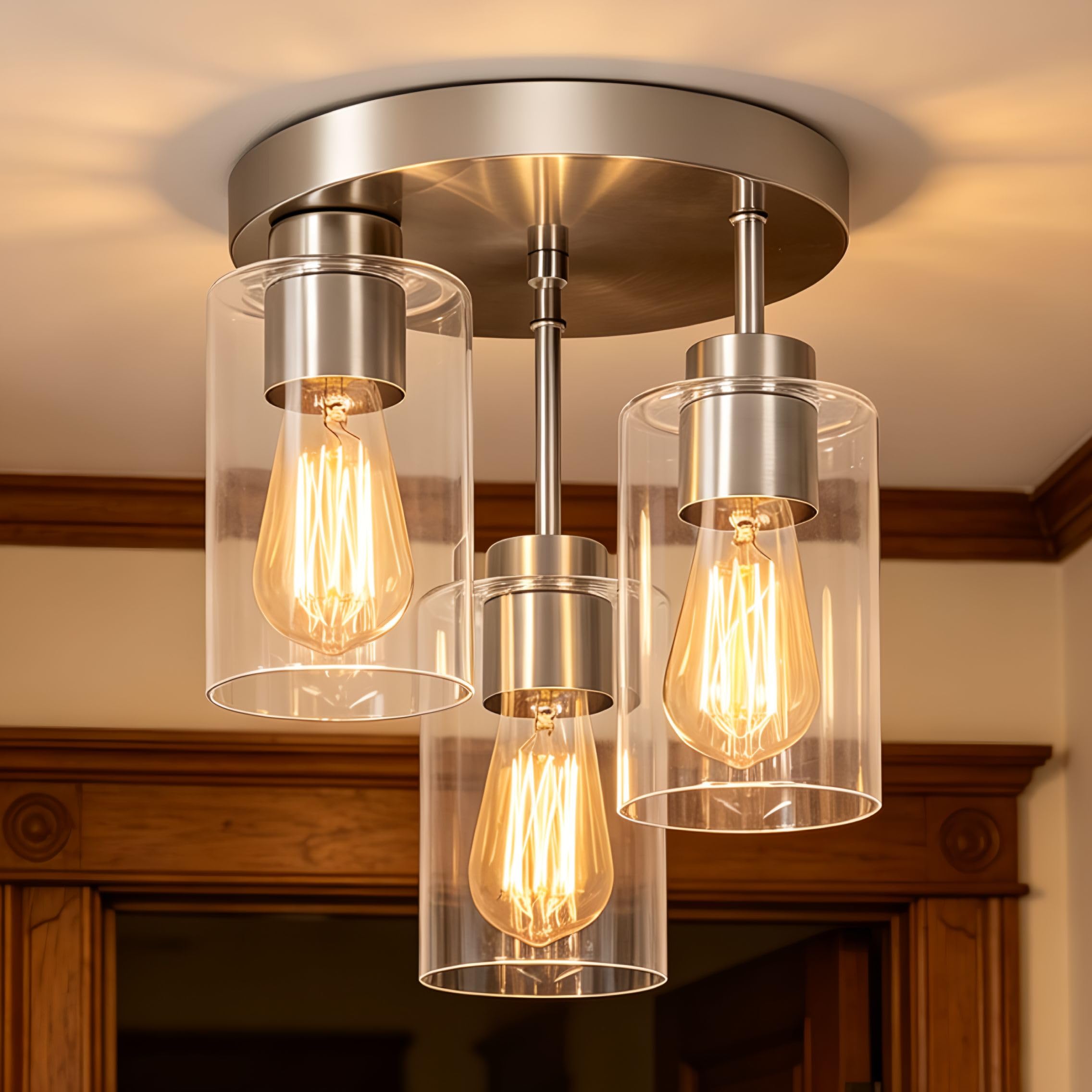 Photo 1 of foucasal Brushed Nickel Semi Flush Mount Ceiling Light - 3 Clear Glass Shades