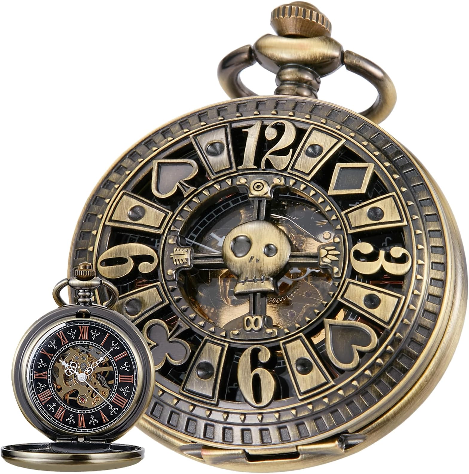 Men's Mechanical Hollow Design Hand Wind Pocket Watch Roman Numerals Steampunk with Chain Box