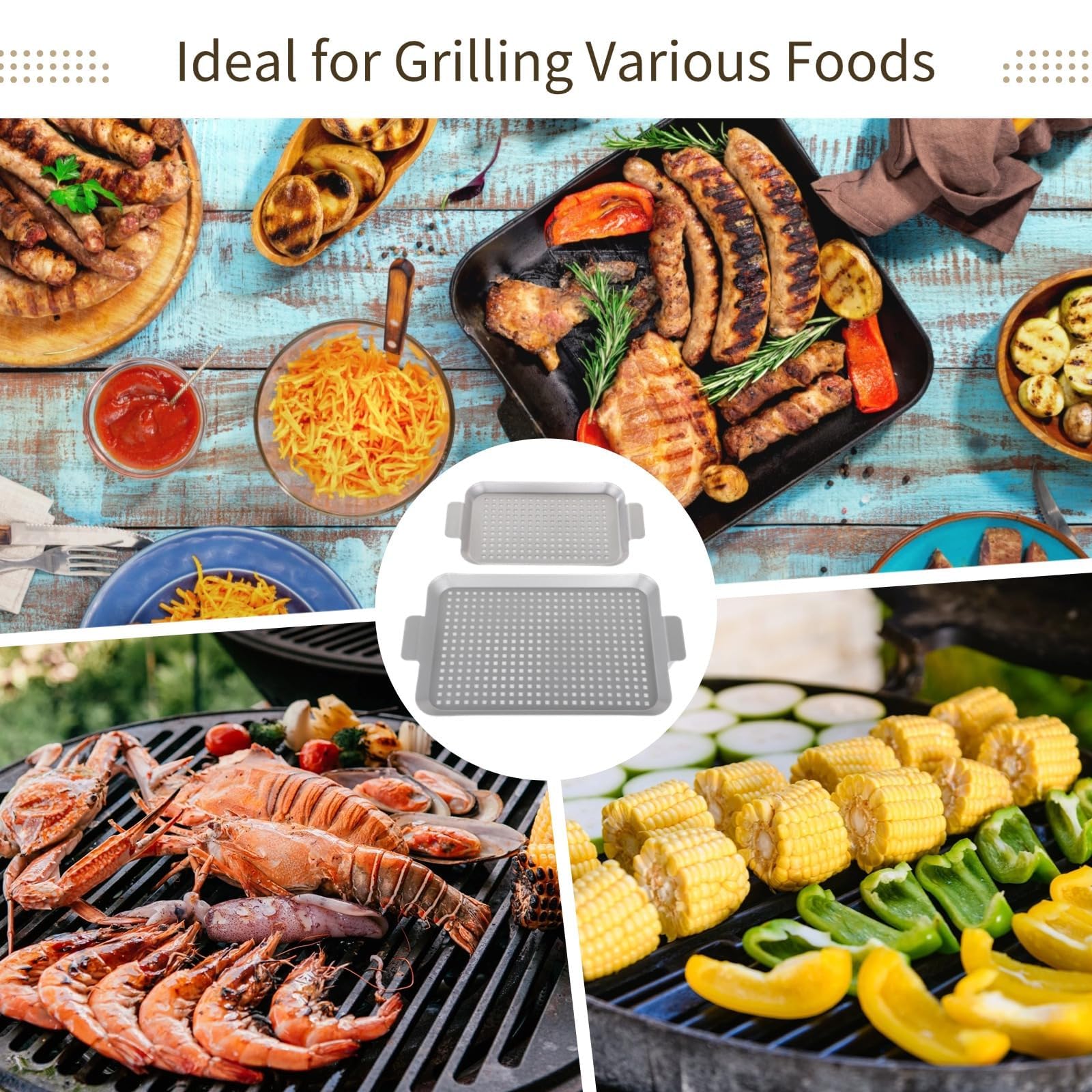 Juego de 2 bandejas perforadas para parrilla con asas para verduras, pescado y carne, versátiles bandejas para hornear medianas y pequeñas para asar