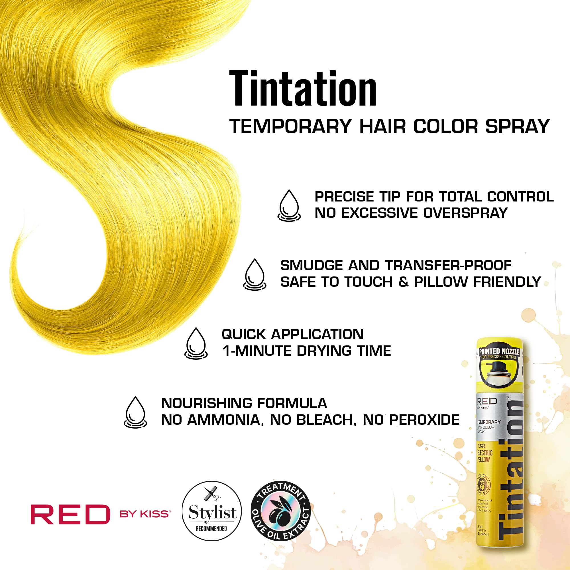 Red by Kiss Tintation Temporary Hair Color Spray 2.82oz, Quick-Dry & Smudge-Proof, Vivid Color Washable Hair Dye, Styling Spray Cosplay Halloween Birthday Party Festival (Electric Yellow)