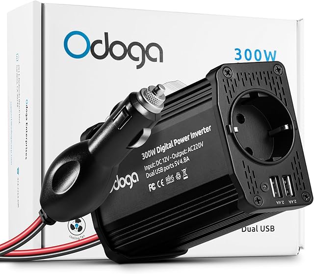 Odoga Przetwornica napięcia 300 W, 12 V na 230 V, z podwójnym portem USB 4,8 A, możliwość ładowania laptopa, iPada, iPhone'a, tabletu, konsoli i wielu innych