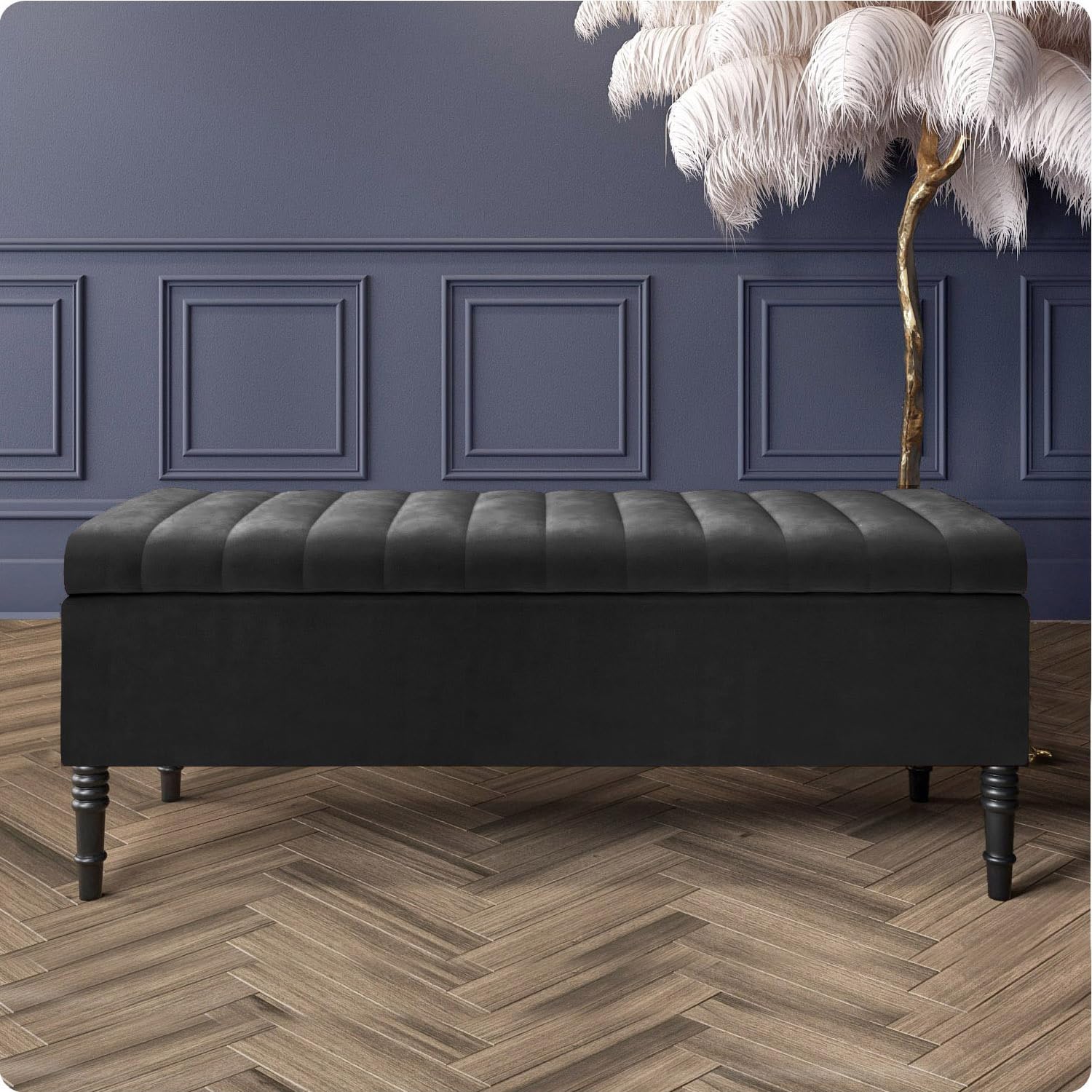 Paris Velvet Ottoman Storage Bench with Legs, End of Bed Blanket Box with Extra Deep Hidden Storage & Hinged Lid, Upholstered Ottoman Storage Box, Shoe Storage Ottoman, Padded Entryway Seat