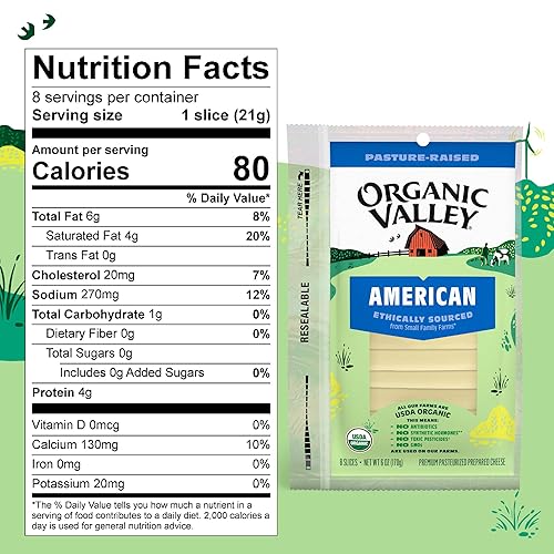 Miniatura 4 de Organic Valley Rebanadas de queso americano orgánico de primera calidad criadas en pasto sin OMG sin hormonas añadidas 8 rebanadas 6 onzas