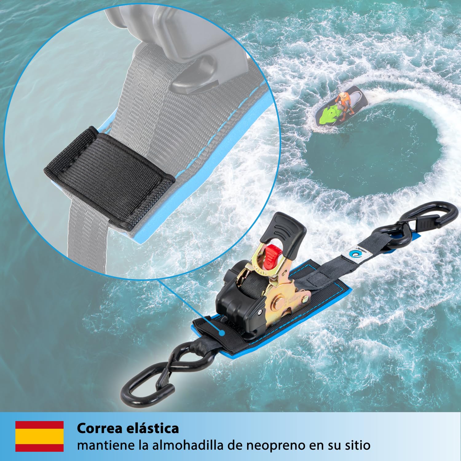 valonic Racoon - 2X 1,8m eslingas automáticas con carraca y Gancho, 25mm, 300/600 Kg, Acolchado, EN-12195-2 - cinchas de Amarre con trinquete, para Sup Board o Moto, Negro