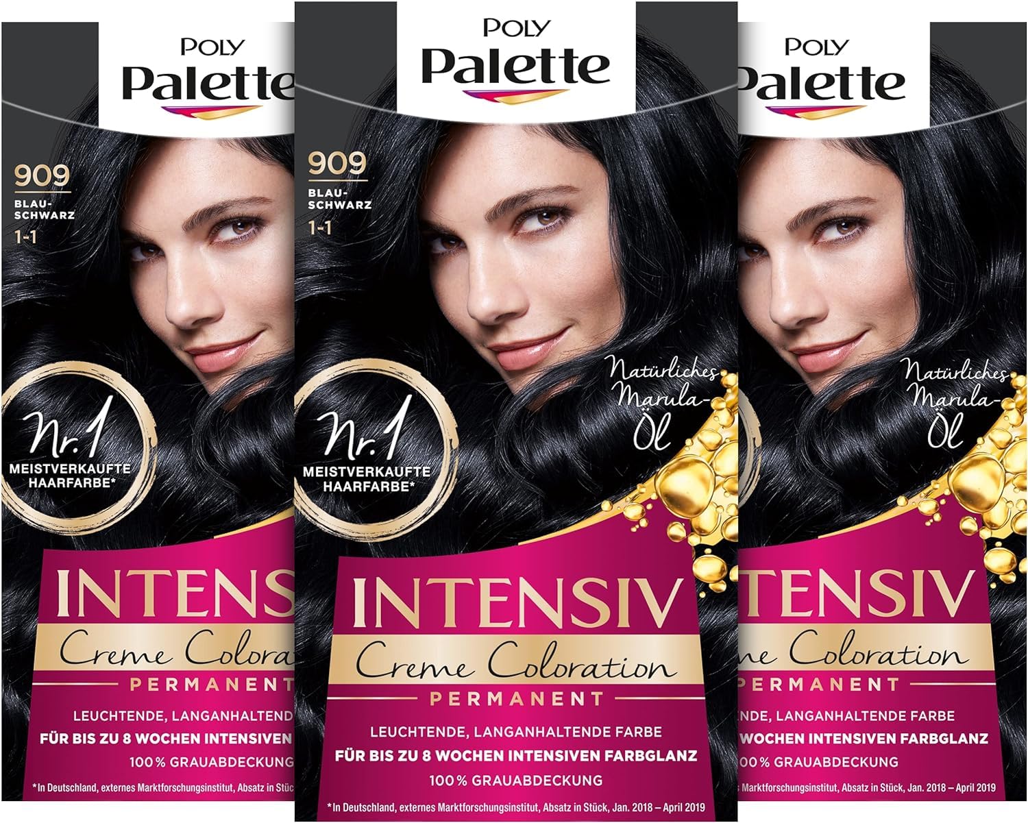 Palette Intensive Cream Coloration 1-1/909 Blue Black Level 3 (3 x 115 ml) Permanent Hair Color for up to 8 Weeks of Intense Shine and 100% Gray Coverage