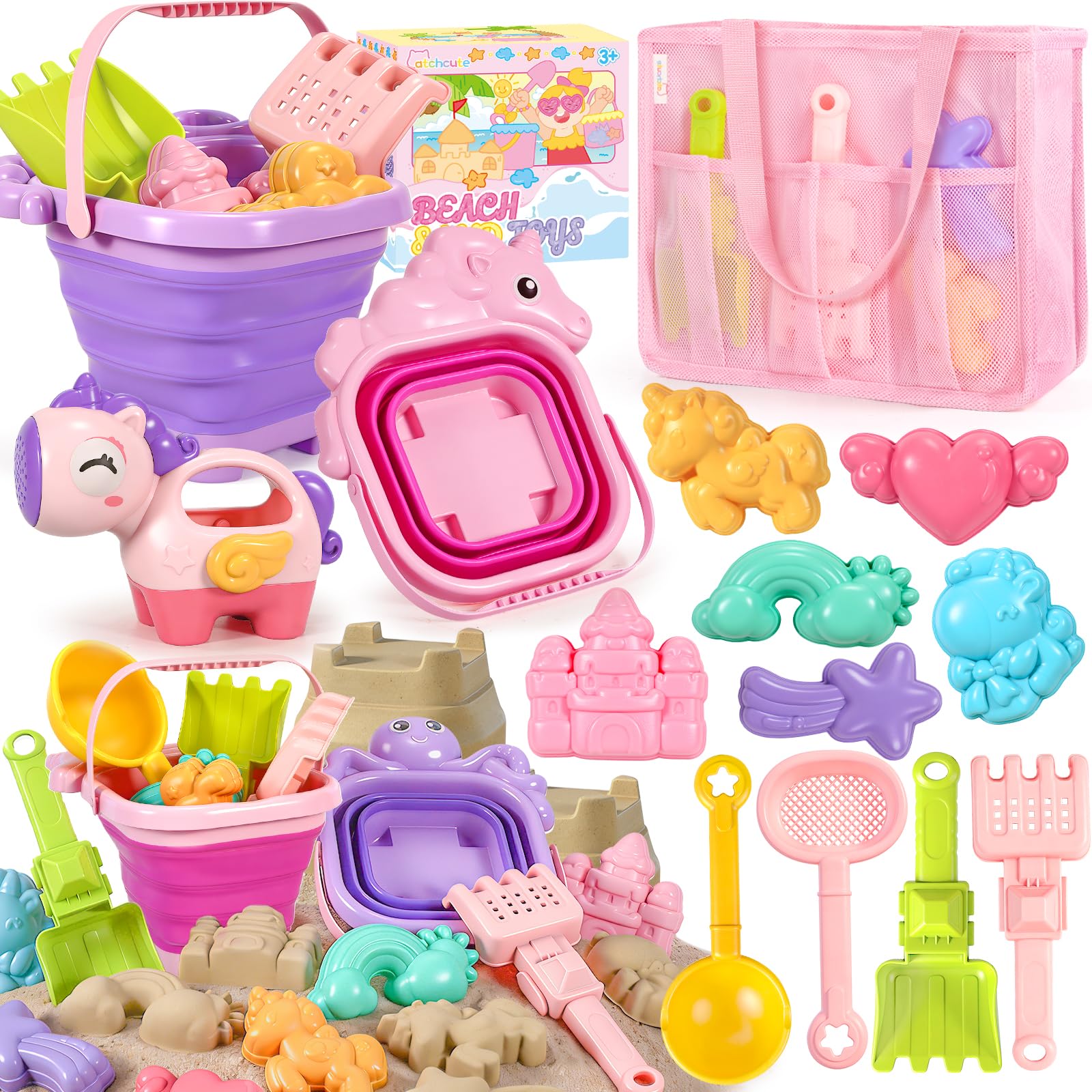 CatchCute Unicorn Collapsible Beach Toys,Sand Toys Set with Animal Foldable Buckets,Shovels,Sifter,Sand Molds,Castle Building Kit & Mesh Storage Bag,Beach Travel Essentials for Kids Toddlers - 1