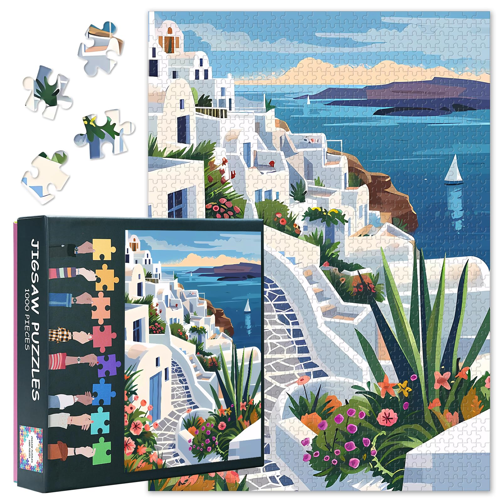1000 Piece Puzzle for Adults Santorini, Seaside Jigsaw Puzzles, Coast Landscape Design Adult Puzzles 1000 Pieces, Challenging Puzzle for Family Educational Games 27.5x19.7 Inch