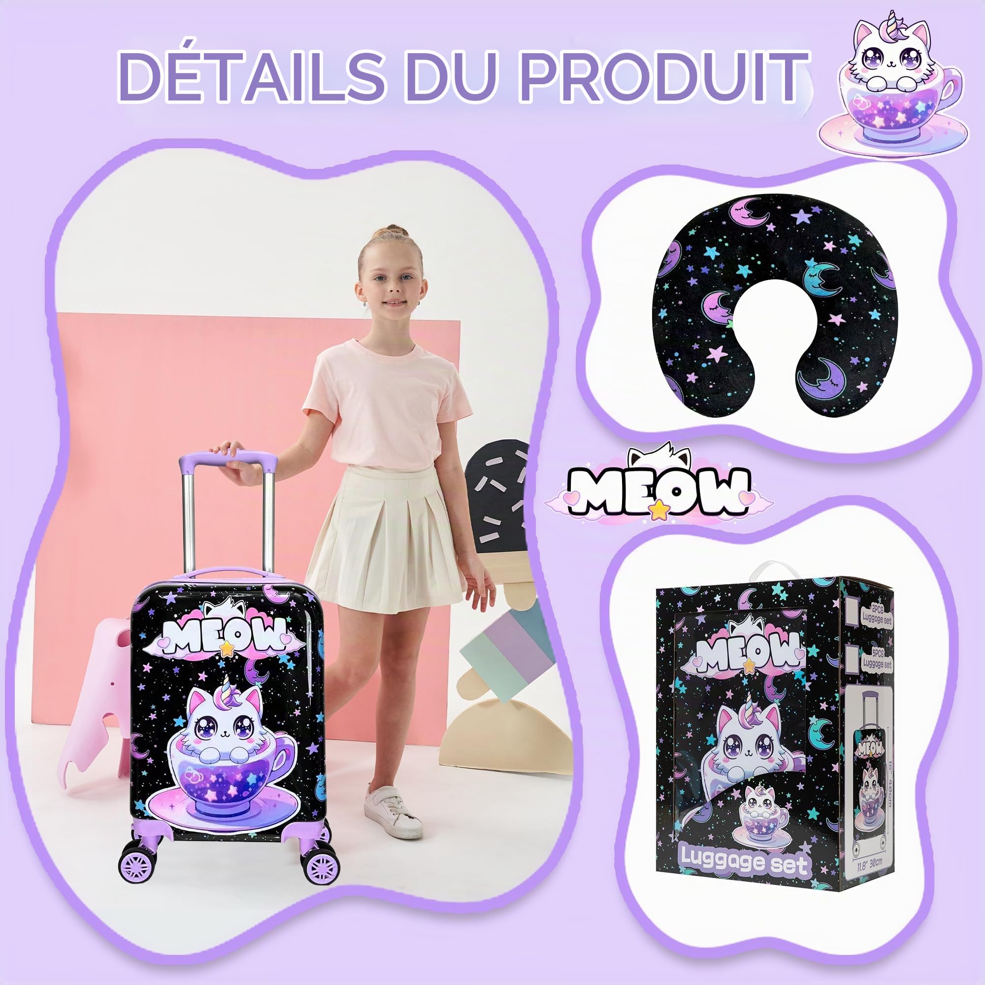HTgroce 2pcs Valise Enfant 16", Cabine Enfant Chat, Valise Enfant Roulette avec 4 Roues Pivotante à 360° Bagages Enfant