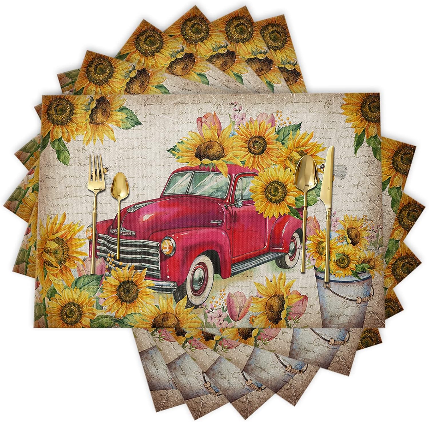 Sunflower Placemats, Red Truck Placemats for Dining Table