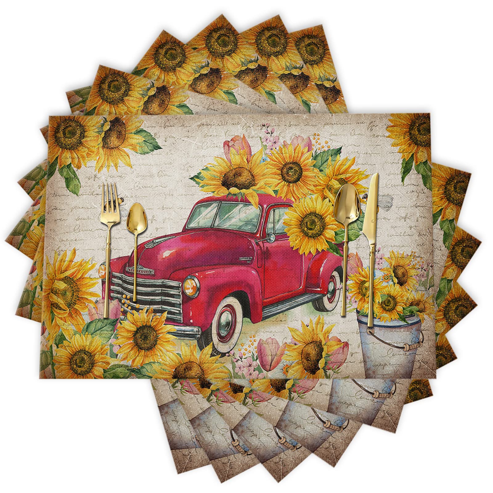 Sunflower Placemats, Red Truck Placemats for Dining Table, Farmhouse Decor Floral Placemats Set of 6, Heat-Resistant Washable Place Mats, Kitchen Table Mats for Party Sunflower Kitchen Decor Placemats
