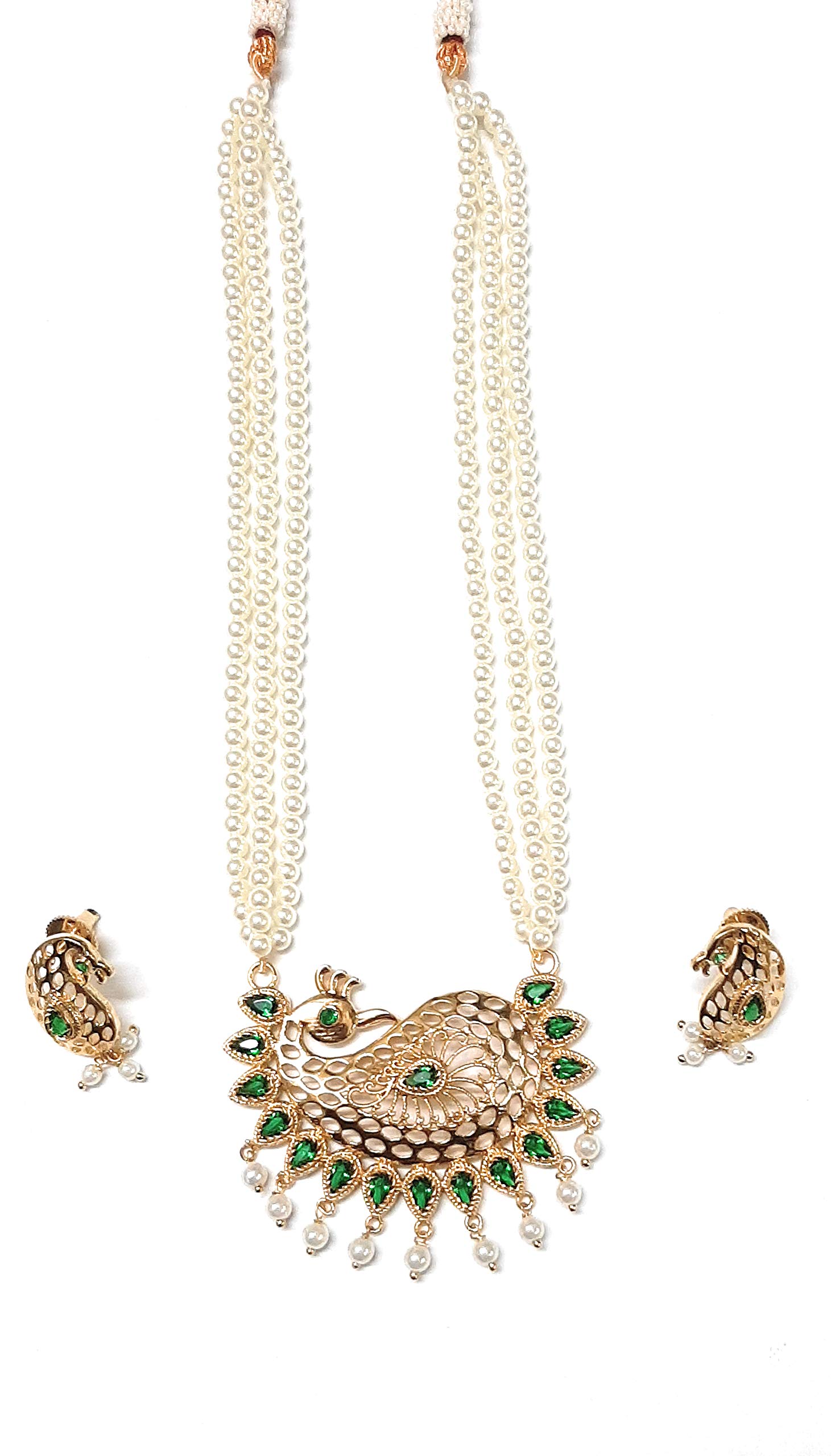 Moteeya mayur green tanmaniya set gold platted for women in multi strand artificial pearl strings-image-22