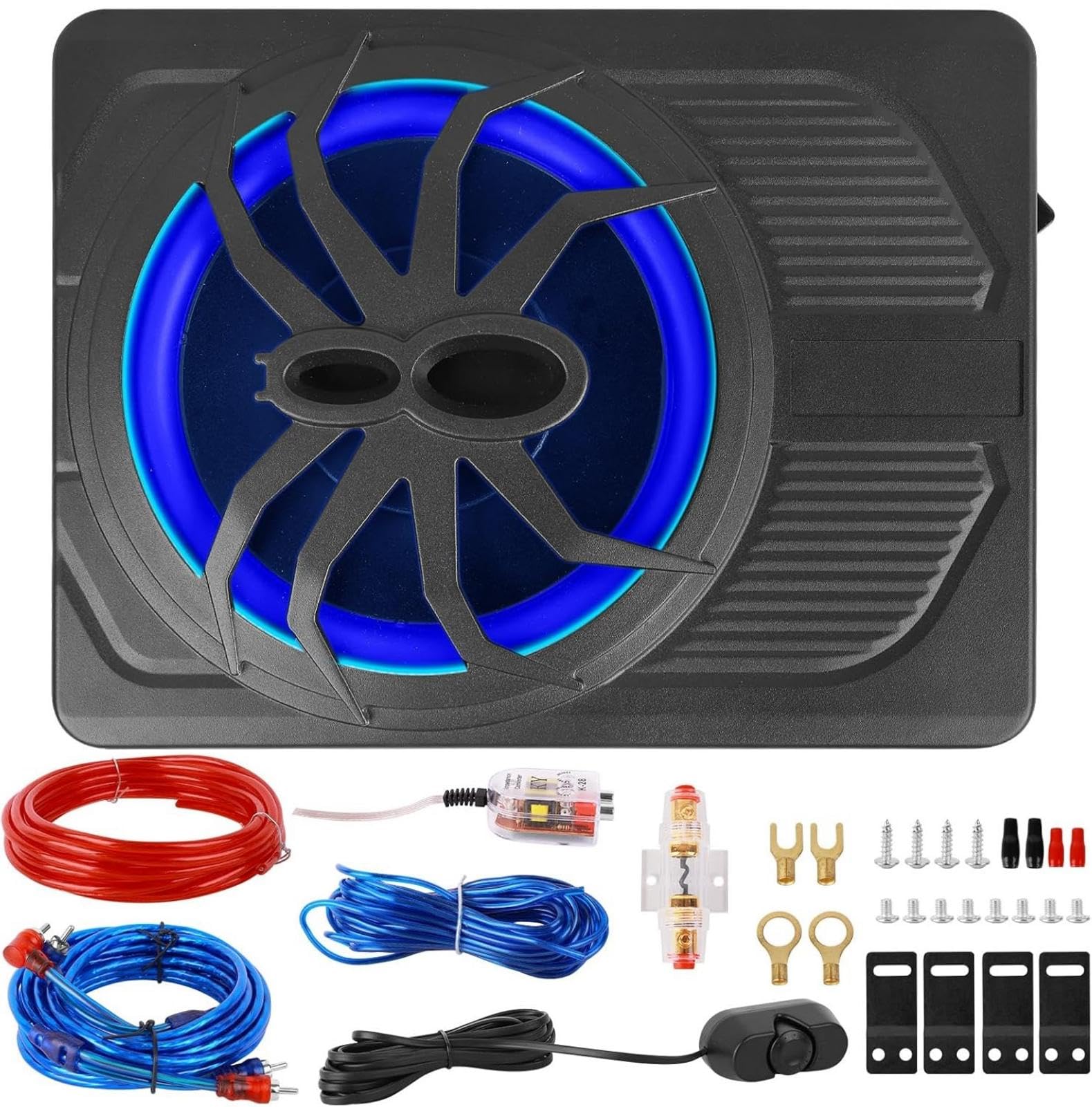 800W Ultra-Thin Underseat Subwoofer with Built-in Amplifier – Powerful Bass, 4 Ohm, 12V Blue LED Light for Car & Truck Audio, Easy Install & Deep Sound Boost