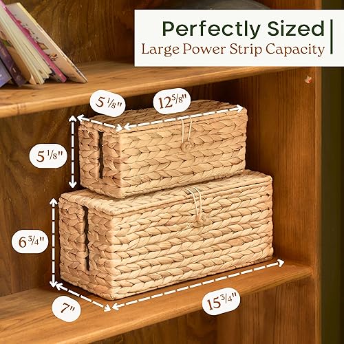 Miniatura 4 de Paquete de 2 cajas de gestión de cables de mimbre, organizador de cables de jacinto de agua hecho a mano con tapa, cesta oculta de cable con 2