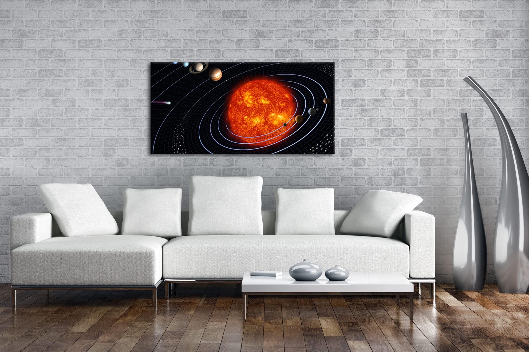 Unser Sonnensystem Panorama Impression numérique de qualité supérieure avec cadre en bois 120 x 60 cm