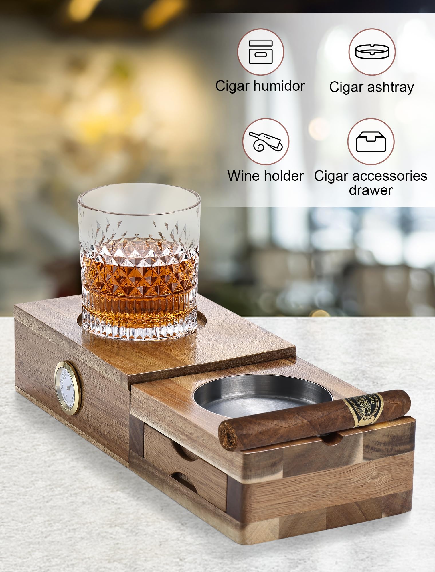 Joyoldelf Set di posacenere per sigari in legno massello, 5 in 1, con supporto per vino, umidificatore per sigari in cedro, posacenere in metallo, fessure, cassetto, accessori per sigari da uomo,