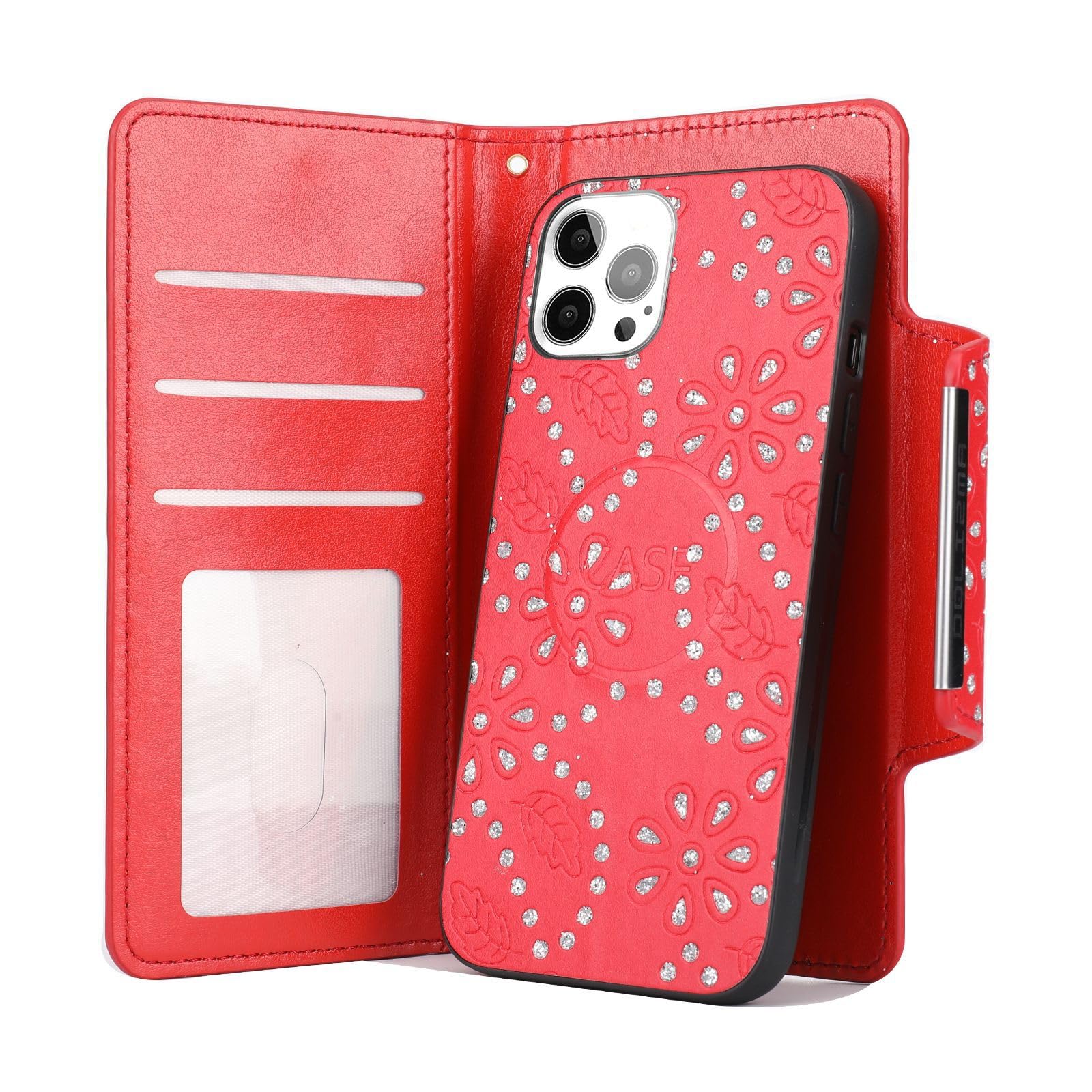 Custodia a portafoglio anti-RFID in pelle 2in1 per iPhone 14 Pro Max rossa